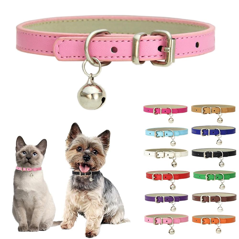 Pink Xs Dog Collar With Bell,Soft Pu Leather Female Puppy Collar With Bells Basic Girls Cat Collar With Bells For Xxs Xsmall Sma