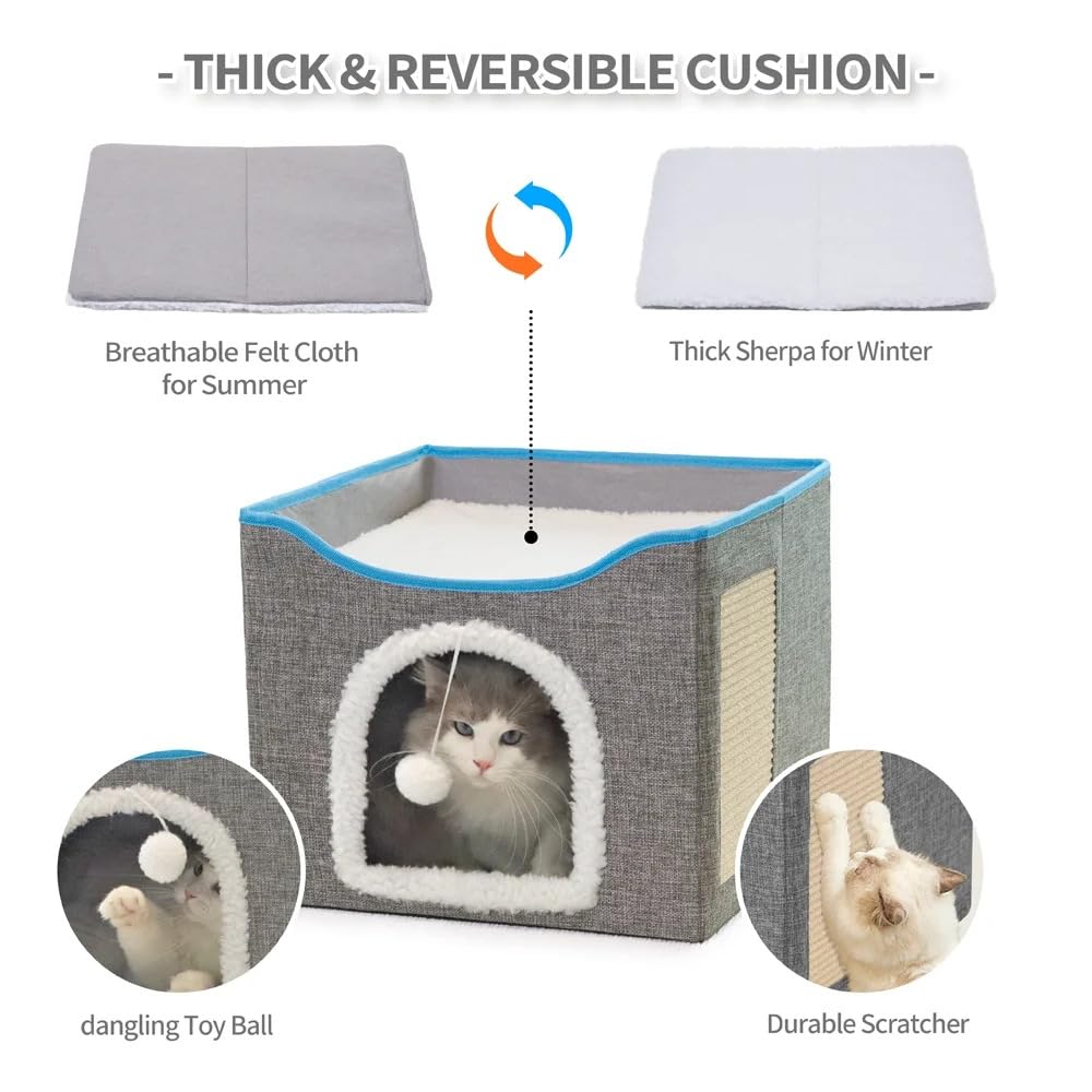 Fluffy Paws Store Cat Beds For Indoor Cats - Large Cat Cave For Pet Cat House With Fluffy Ball Hanging And Scratch Pad, Foldable