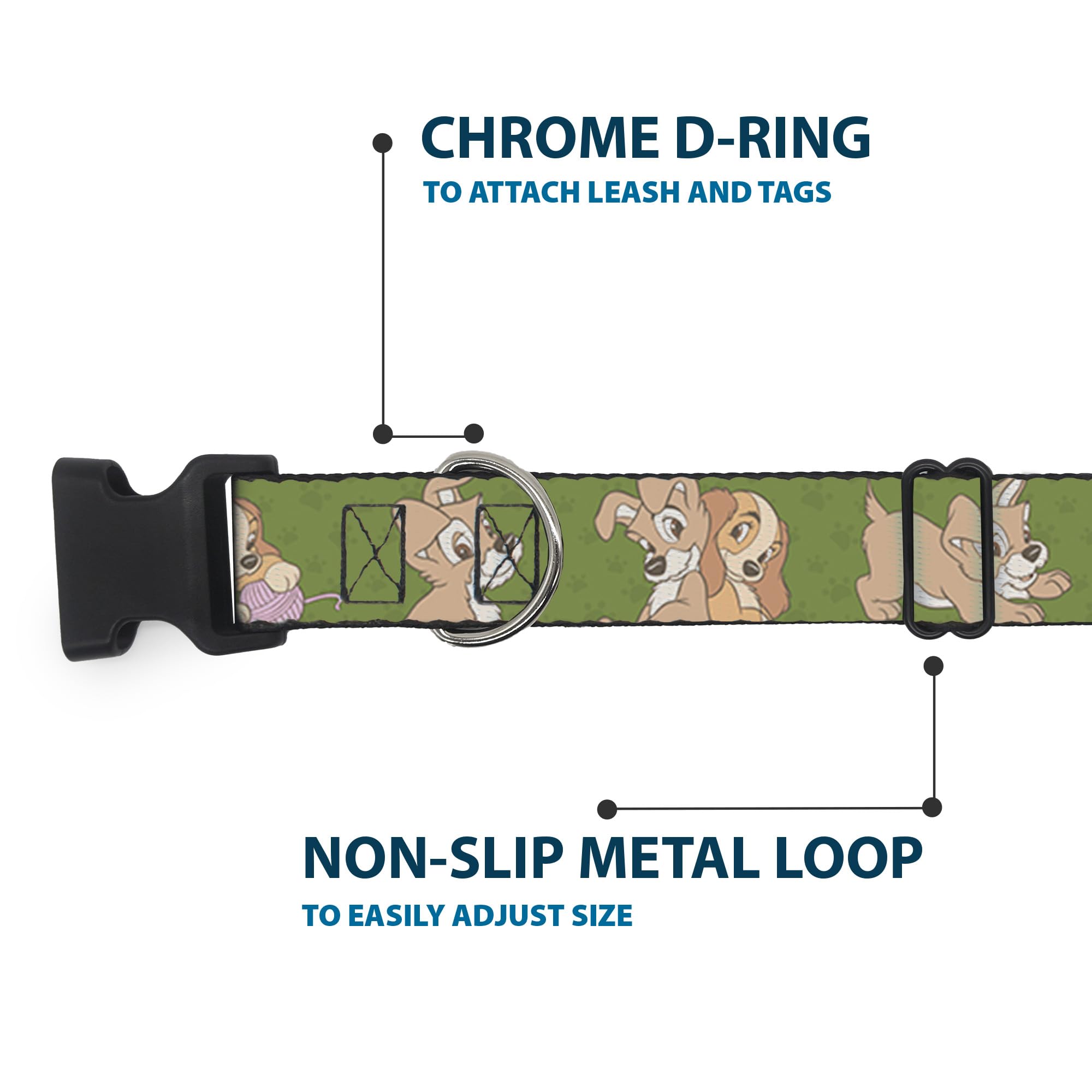 Buckle-Down Dog Collar Plastic Clip Lady And Tramp 6 Poses Olive Green, Multi Color, 1'' Wide - Fits 15-26'' Neck - Large (D