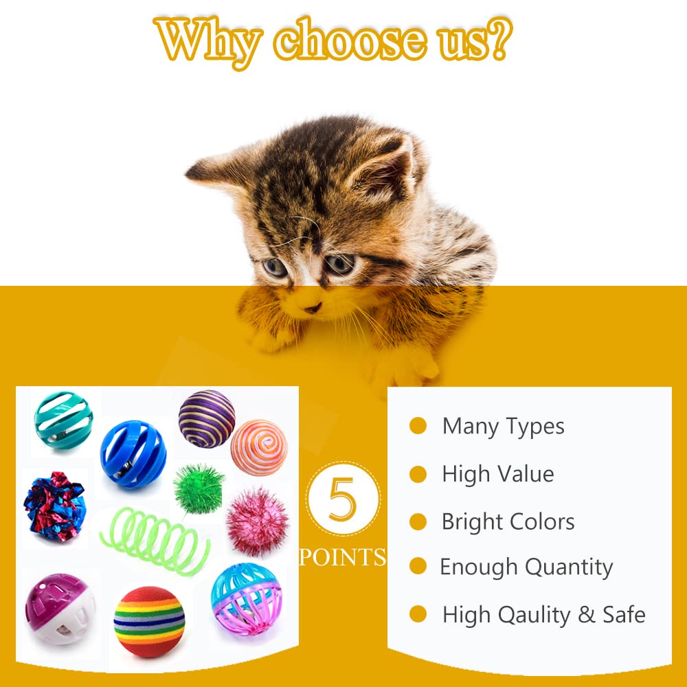 Lasocuhoo Cat Toys, Kitten Cat Ball Toys Assortments, Including Rainbow Ball, Crinkle Ball, Sparkle Ball, Bell Balls, Sisal Ball