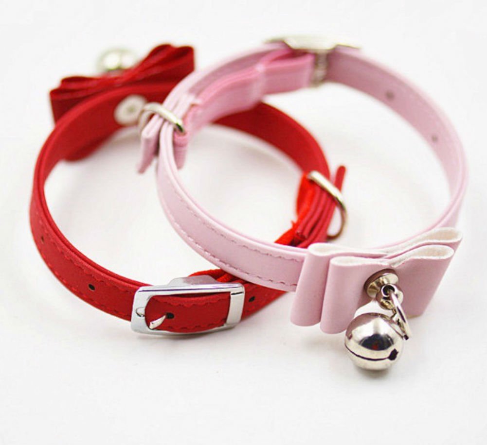 Akoak Pet Dog Bowknot Lead Adjustable Pu Leather Cat Kitten Collars With Bell Necklace Pup Dog Collars Bow Tie(Red)