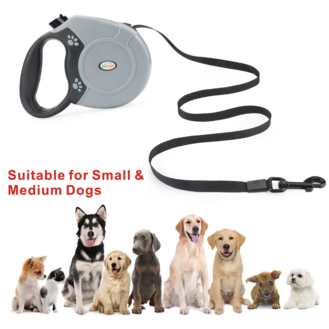 Idepet Heavy Duty Retractable Dog Leash For Small And Medium Dogs, Anti-Chewing Steel Chain 360 Degree Tangle-Free,Break And Lock System,16Ft Leash For Dog Walking (Flat Rope)
