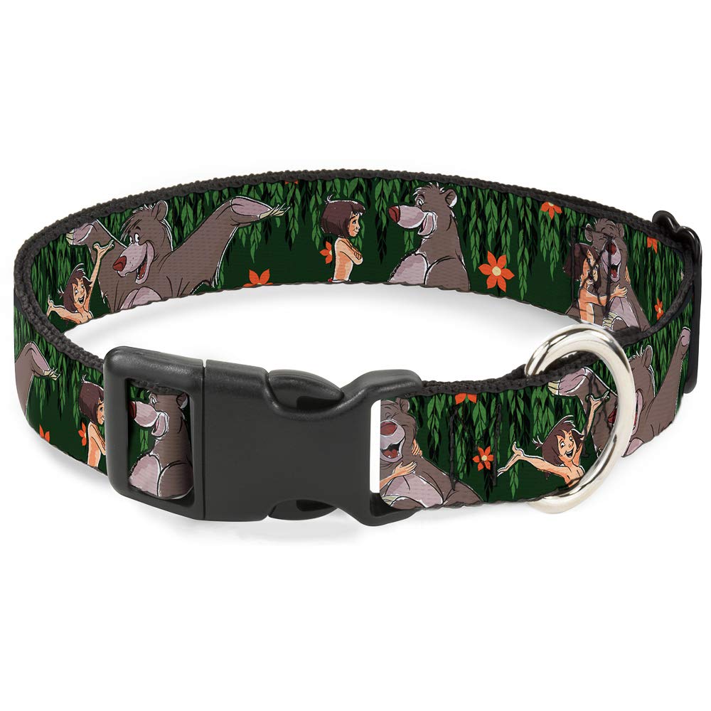 Buckle-Down Plastic Clip Collar - Mowgli & Baloo 3-Poses Leaves/Flowers Greens/Orange - 1' Wide - Fits 9-15' Neck - Small