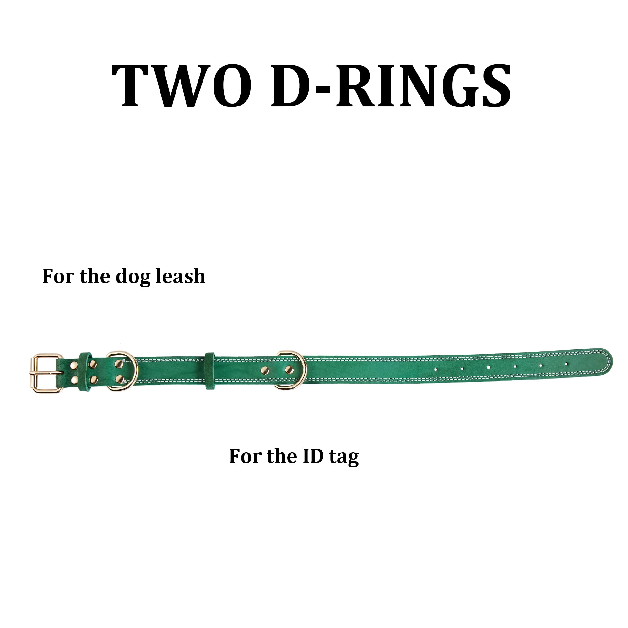 Daihaqiko Leather Dog Collar, Heavy Duty, Wide, Genuine, For Medium & Large Dogs, Dual Stitch - Green