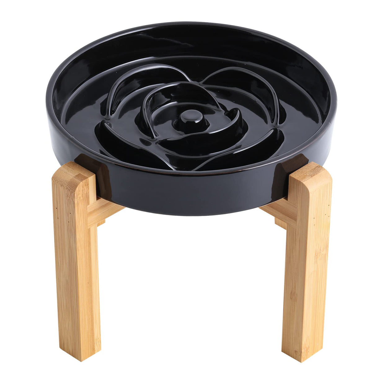 Addogyy Black Elevated/Raised Dog Bowl Ceramic Slow Feeder with Wood Stand for Small Medium Large Dogs, 8.66 in Dog Dish to Slow