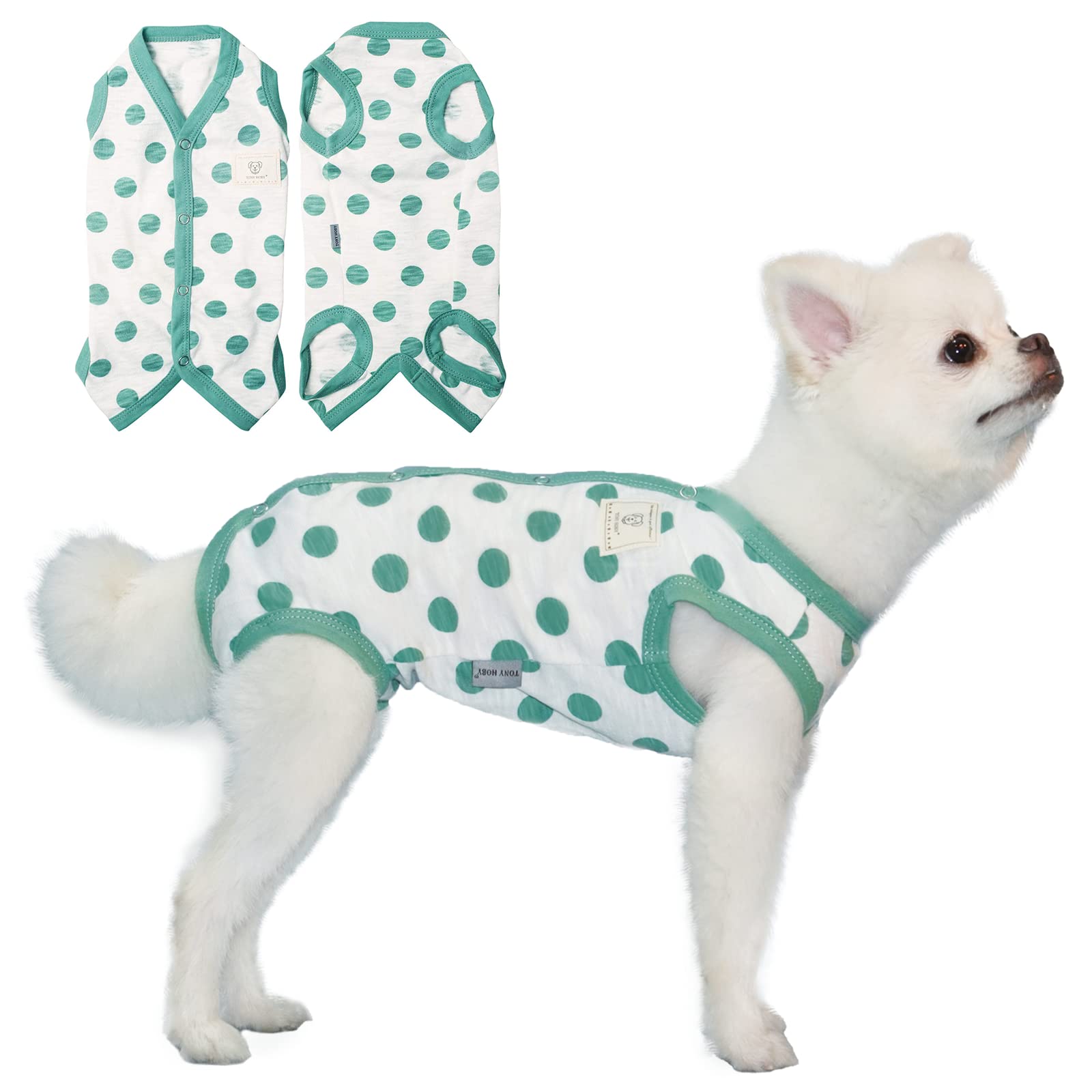 Tony Hoby Summer Dog Jumpsuit, Soft Breathable Dog Pajamas With Polka Dots (Dark Green, L)