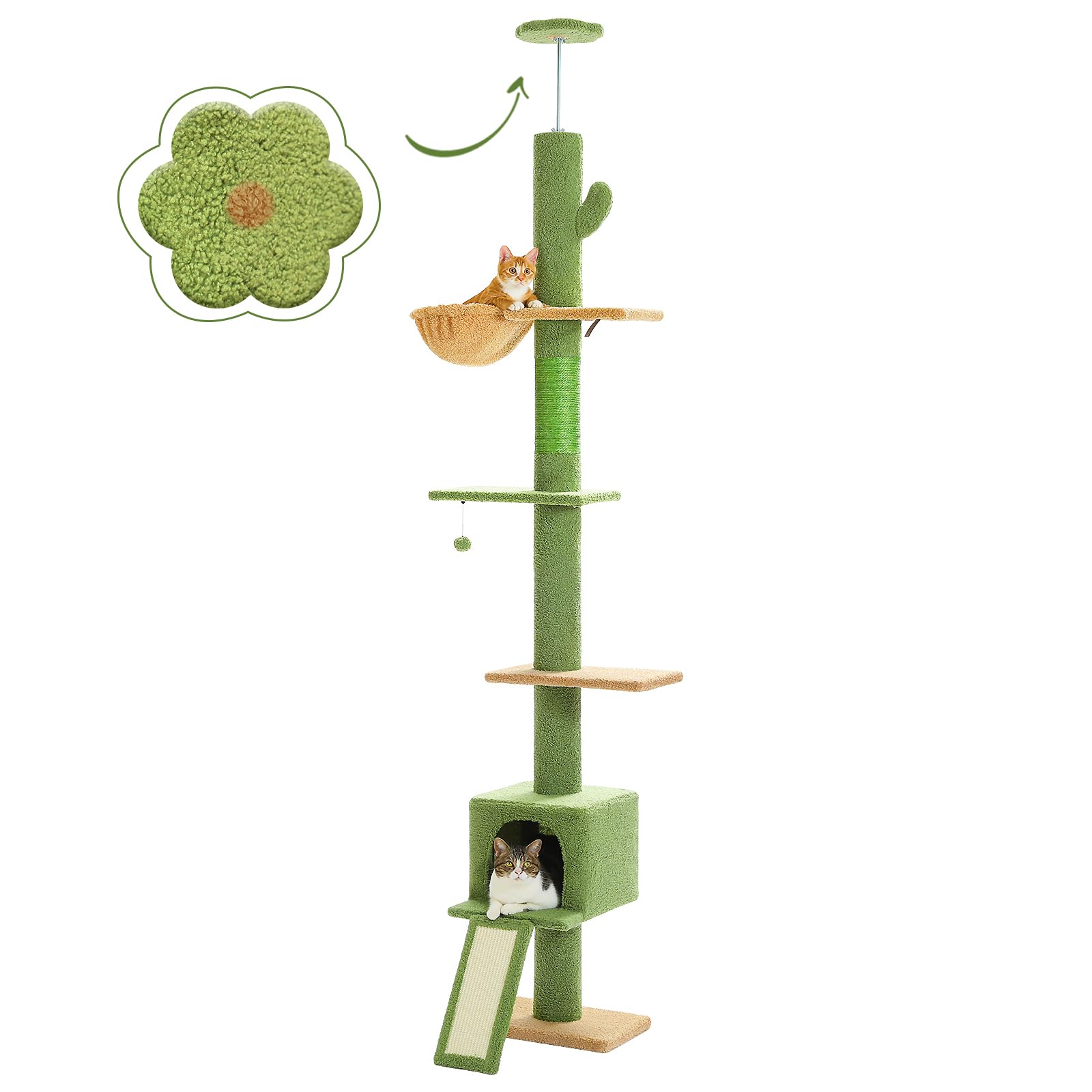 Pequlti Cat Tree Floor To Ceiling,Cactus Tall Cat Tower, Adjustable Height (83''-108'') 5 Tiers Climbing Tree For Indoor Cats Wi