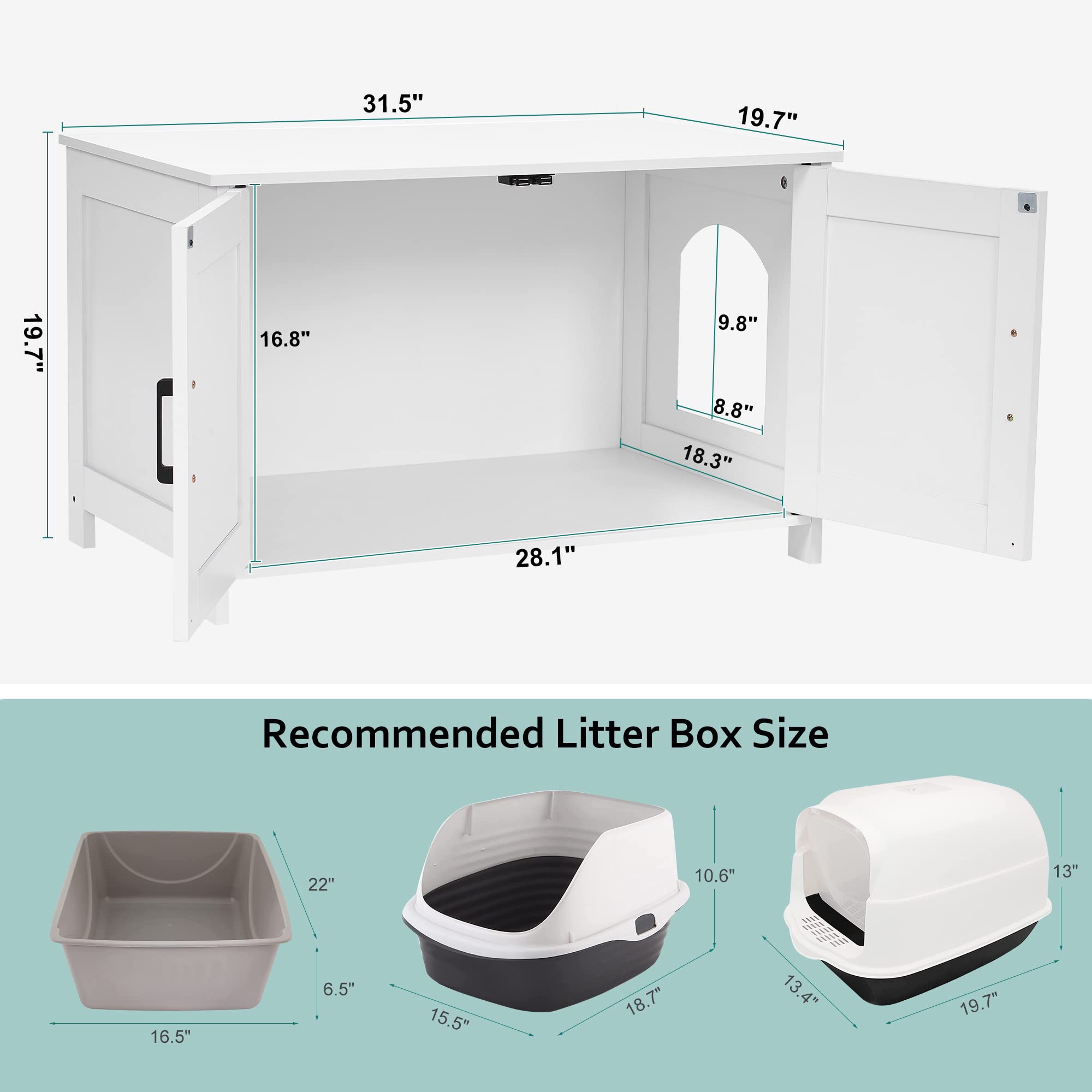 Homhedy Cat Litter Box Enclosure, Wooden Cat Washroom Furniture With Barn Door, Pet House, Fit Most Of Litter Box, White