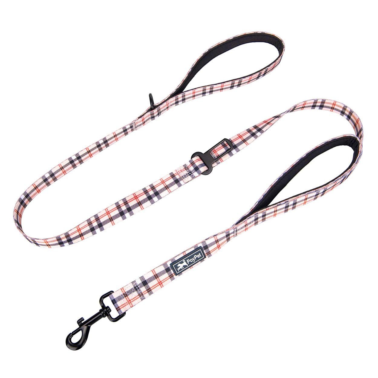 Poypet 5 Feet Dog Leash - 2 Cushioned Handles - Functional Car Seat Belt (Checkered Beige)