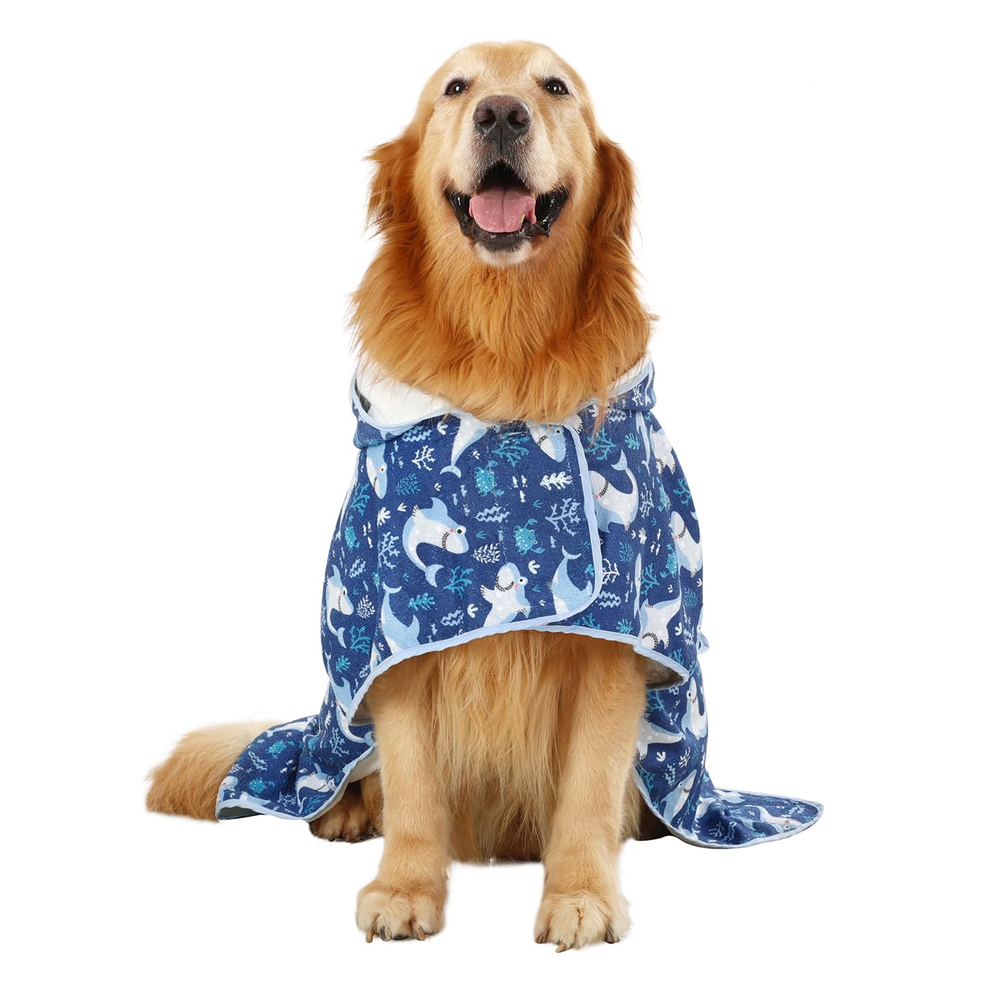 Hde Dog Bathrobe Super Absorbent Quick Drying Towel With Hood For All Dog Breeds Sizes S-Xxl - Sharks - Xl