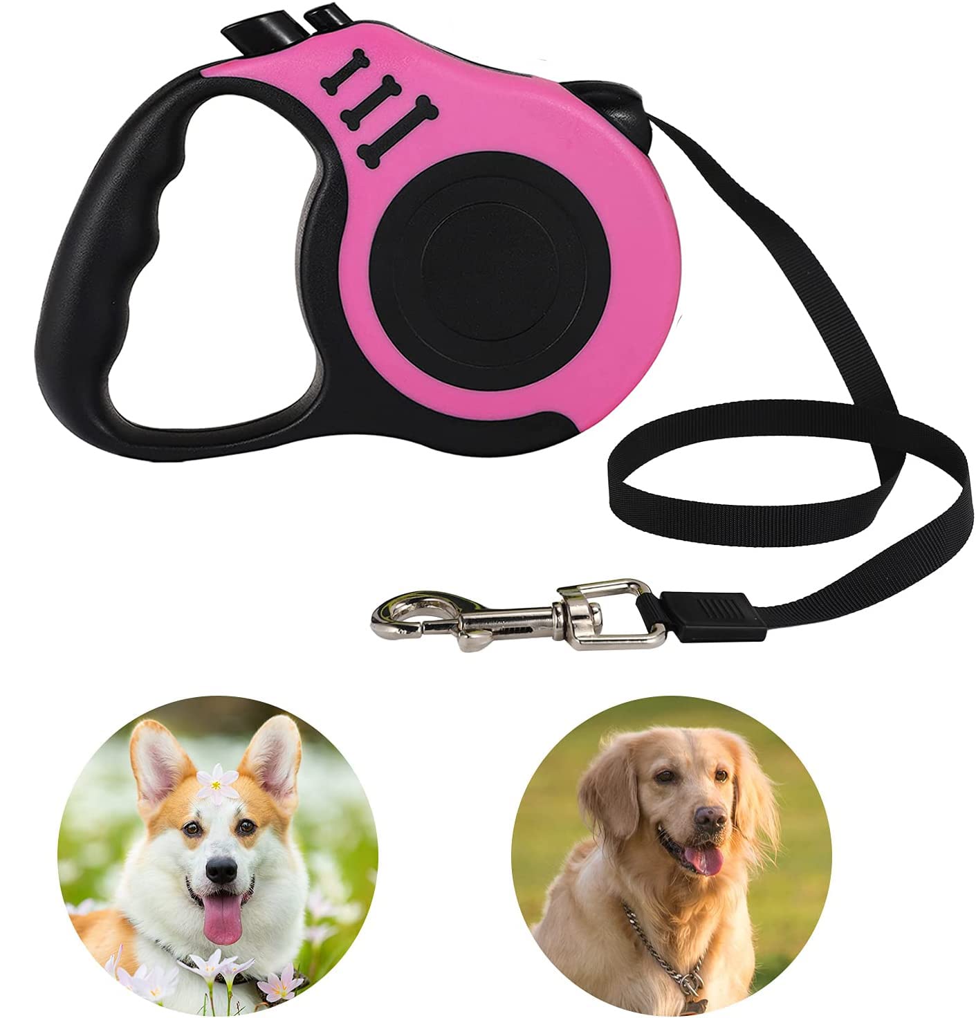 Retractable Dog Leash,Heavy Duty Dog Leash Retractable,Dog Walking Leash For Small Dog Or Cat Up To 26 Lbs,360° Tangle-Free Strong Nylon Tape,Anti-Slip Handle,With Waste Bag Dispenser(16Ft Pink)