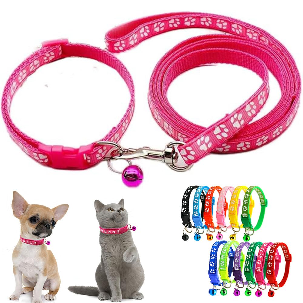 Hot Pink Xs Dog Collar Leash Set, Nylon Puppy Collars With Bell Paw Print Basic Reflective Small Dog Collars Girls For Xxs Xs Sm