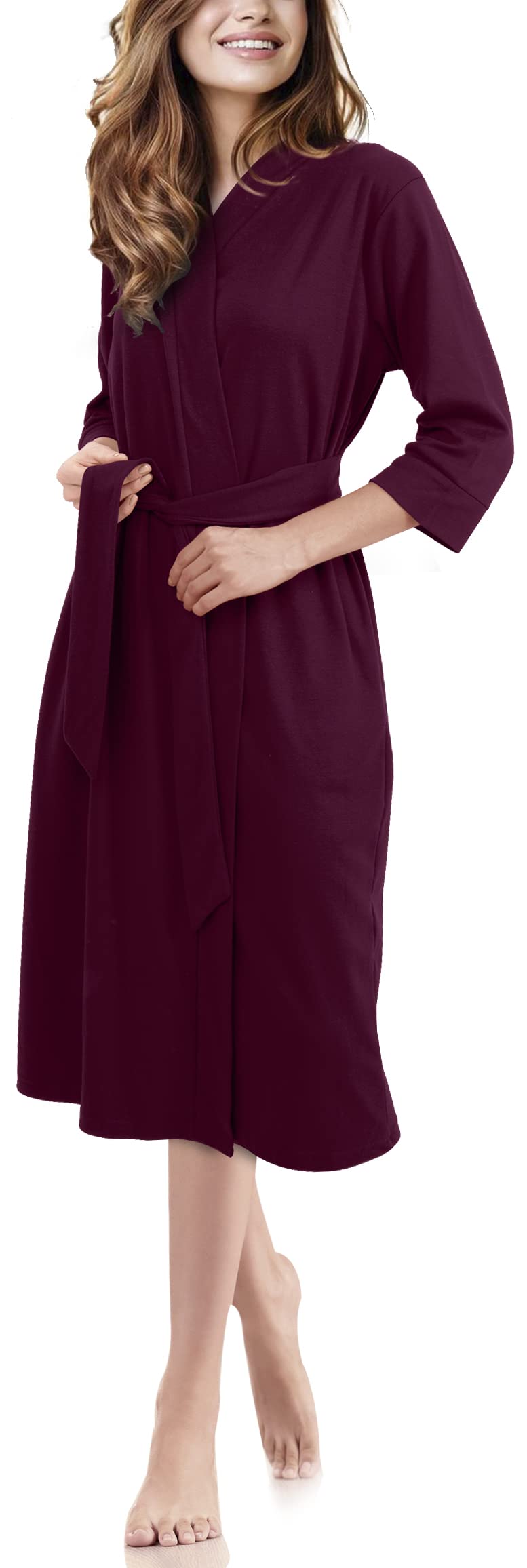 Ny Threads Luxurious Women Knit Robe Kimono Cotton Blend Bathrobe Ladies Loungewear Sleepwear (Medium, Purple Red)