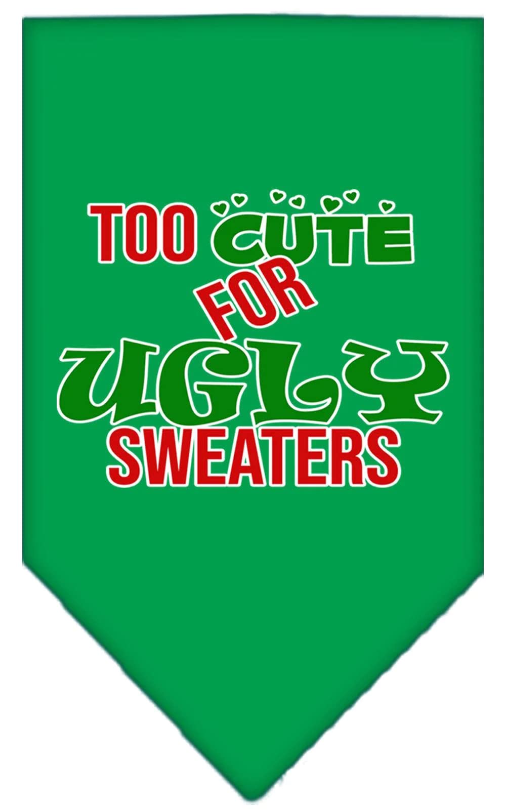 Christmas Pet and Dog Bandana Screen Printed, "Too Cute For Ugly Sweaters" Emerald Green Small