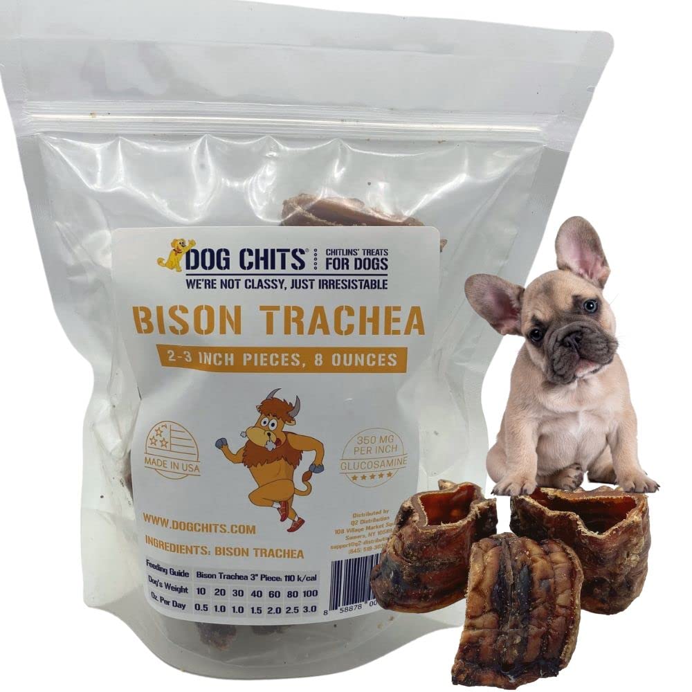 Dog Chits Bison Trachea for Dogs - Dog and Puppy Chews | Amazing for Joints | 8 oz. Bag | Made in USA | All-Natural Treats | Lar