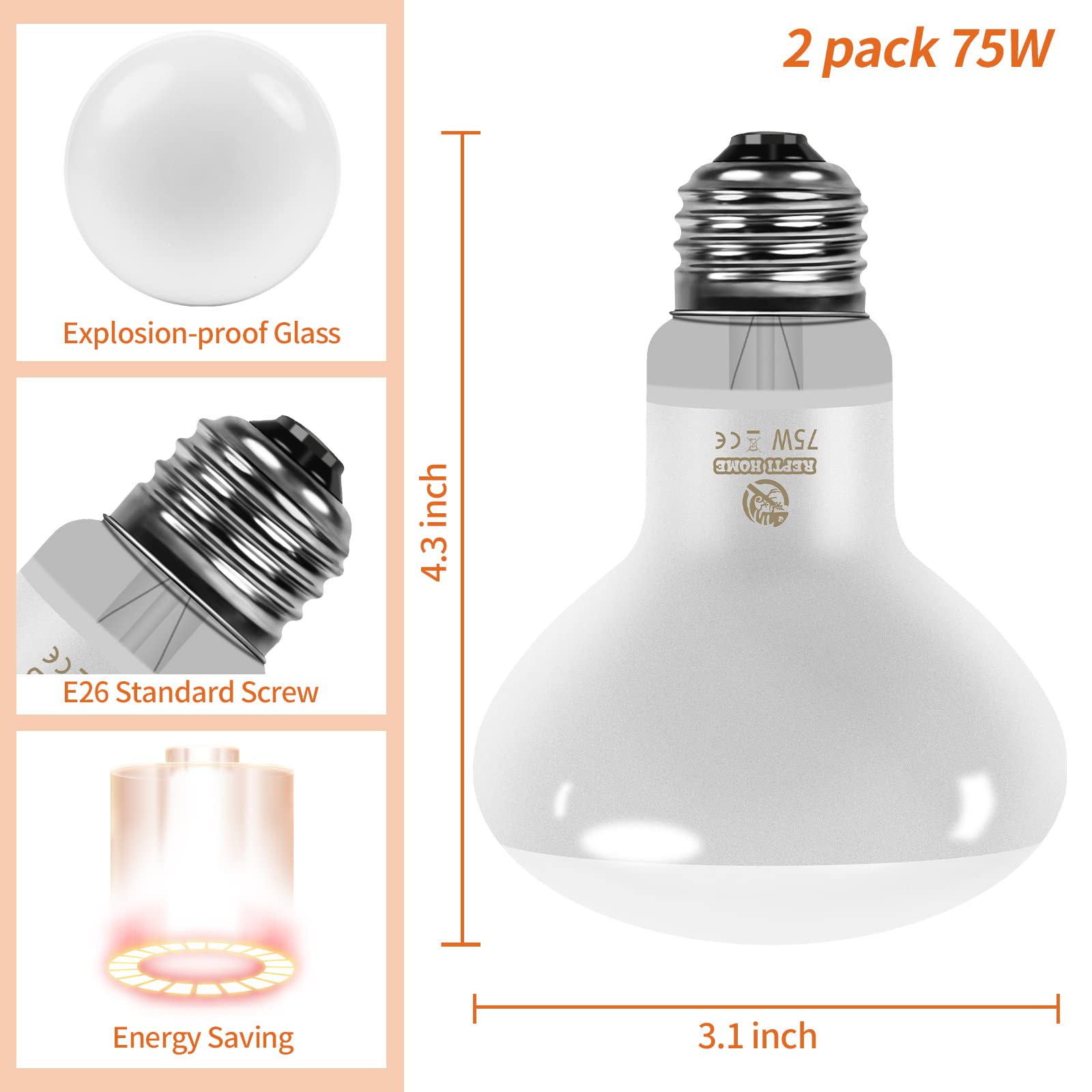 Repti Home Reptile Heat Lamp Bulbs (New Upgraded, Safer, 75W 2 Pack), Reptiles & Amphibians Uva Basking Spot Lamp Bulb, Reptile Daylight Heat Bulb For Bearded Dragon, Lizard, Turtle