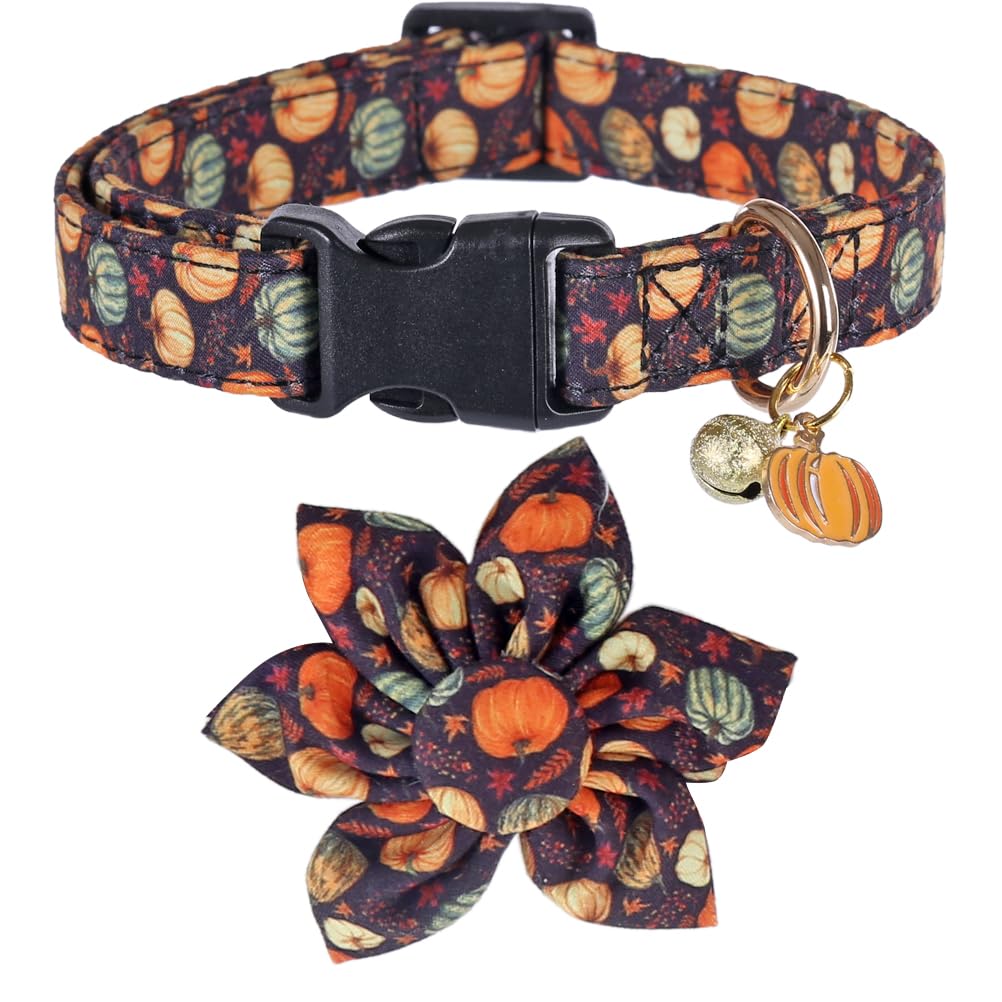 Thanksgiving Day Dog Collar Fall With Sunflower And Bell Autumn Holiday Adjustable Pet Collars For Dogs (Pumpkin,Medium)