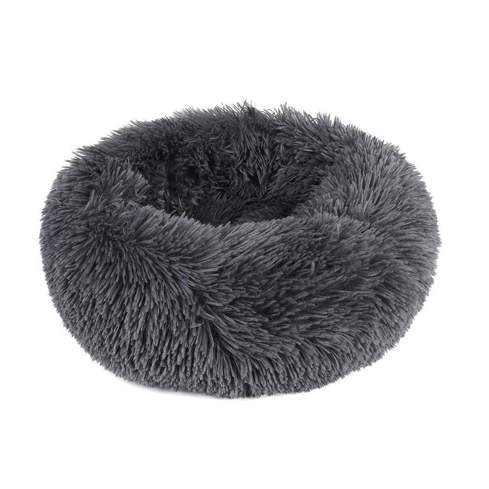 Otoez Round Plush Donut Pet Bed Warm Fur Cuddler Dog Cat Cushion Bed Calming Bed Non-Slip Bottom (19.7', Dark Grey)
