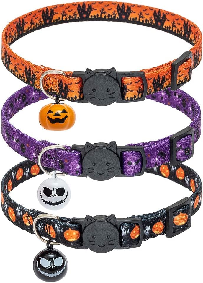 Kooltail Breakaway Cat Collar With Bells - 3 Pack Halloween Cat Collar With Pumpkin Ghost Patterns Safety Buckle Kitten Collars, Adjustable Cute Pet Collar For Boys And Girls Holiday Costume Orange