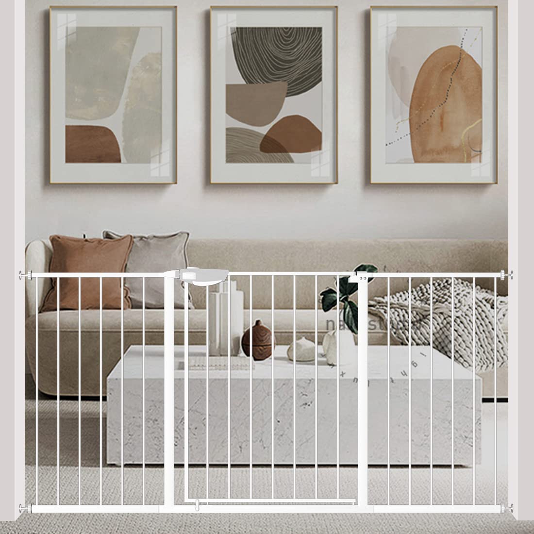 Waowao Triple Lock Baby Gate Extra Wide 57.87-62.59' Pressure Mounted Walk Through Swing Auto Close Safety White Metal Dog Pet Puppy Cat For Stairs,Doorways,Kitchen