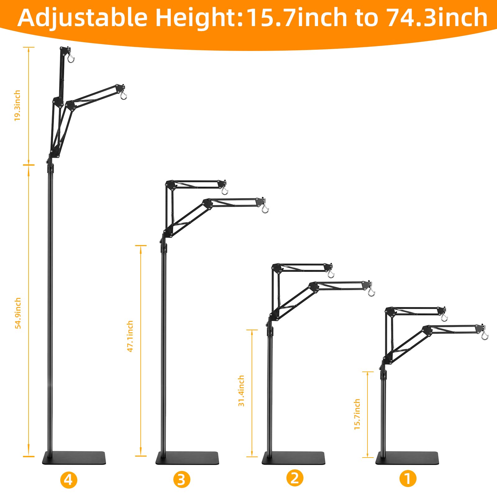 Juttilax Dual Reptile Heat Lamp Stand, Adjustable Reptile Light Stand (15.7-74.3Inch) With 360 Swing Arm And Anti-Tip Clip, Lamp