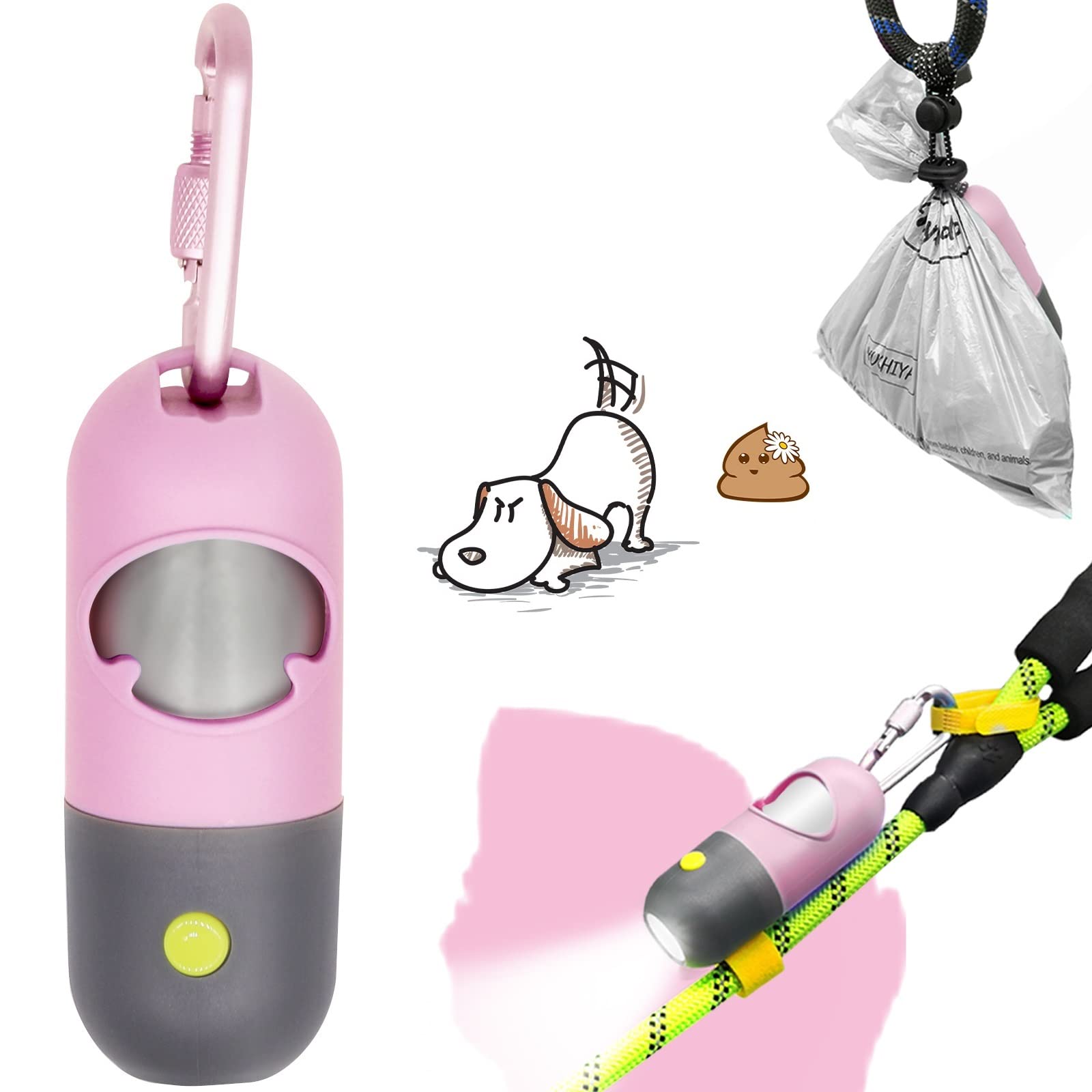 Yuchiya Dog Poop Bag Dispenser With Flashlight|Dog Poop Bag Holder With Leash Clip|Hands-Free Leash Poop Bag Holder With Straps And 1 Roll Dog Waste Bags (Pink)