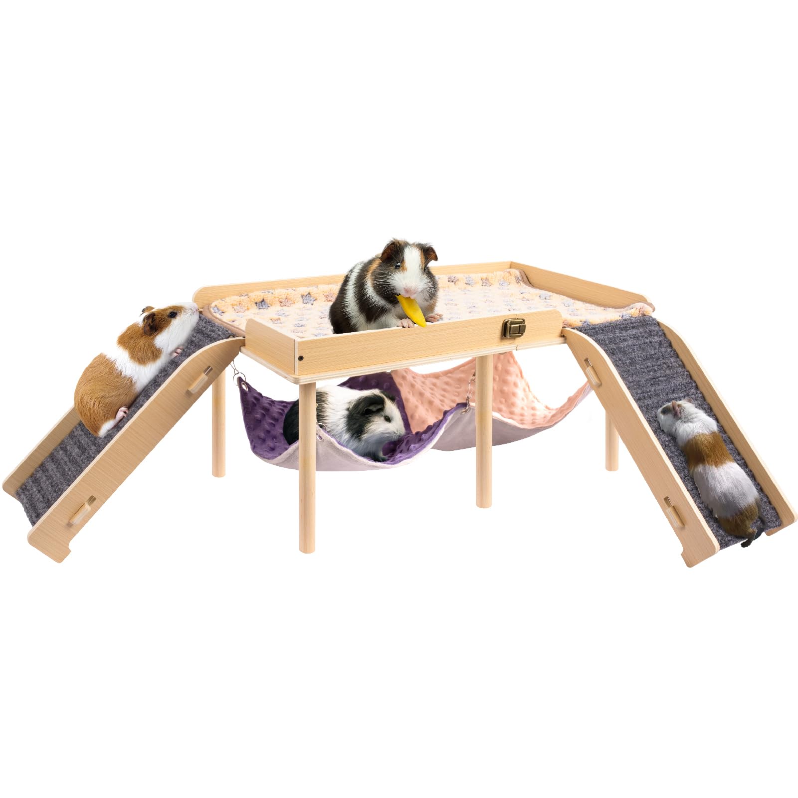Besnew Enlarged Guinea Pig Hammock With Platform And Stairs,Wooden Foldable Piggies Hideout For Guinea Pigs Bunny Ferret Hamster