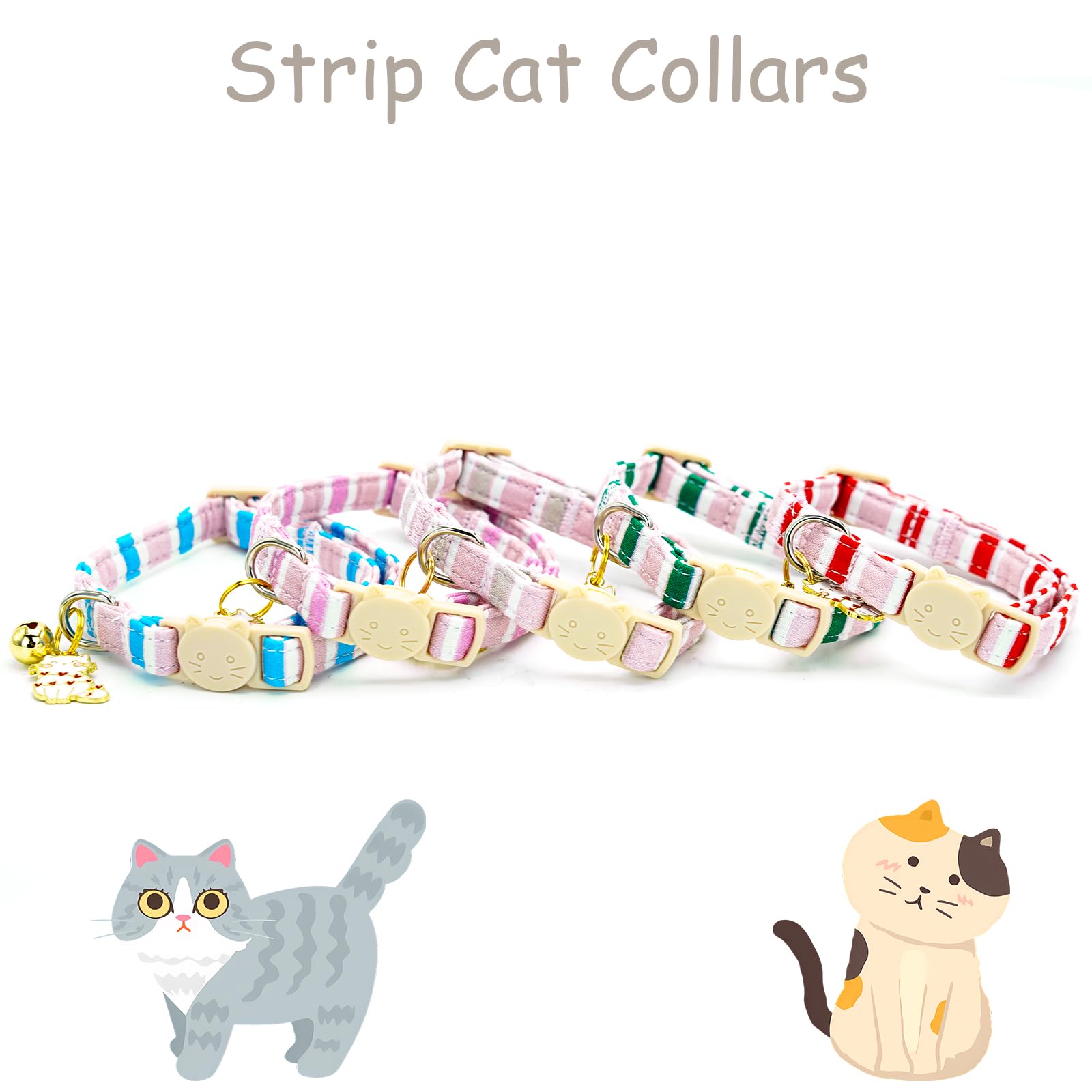 Elegant Little Tail 2 Pack Cat Collar-Pink Strip Cotton Breakaway Cat Collars With Bell Pendant Kitten Girl Cats Safety Adjustab
