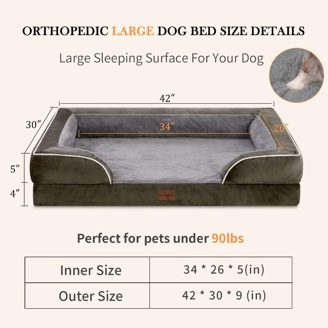 Comfort Expression XL Dog Bed - Waterproof Orthopedic Foam, Removable Cover, Non-Slip Bottom, 42"x30"x9", Dark Green