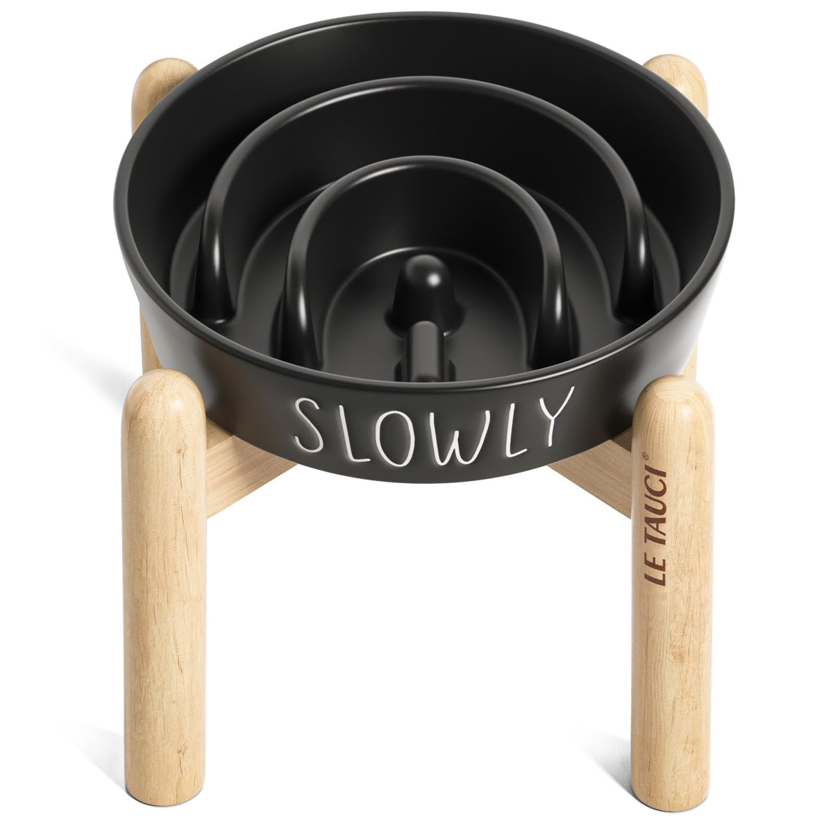 Ceramic Slow Feeder Dog Bowls Elevated, 3 Cups Raised Dog Bowl With Wooden Stand For Medium Large Breed, Dog Dishes To Slow Down