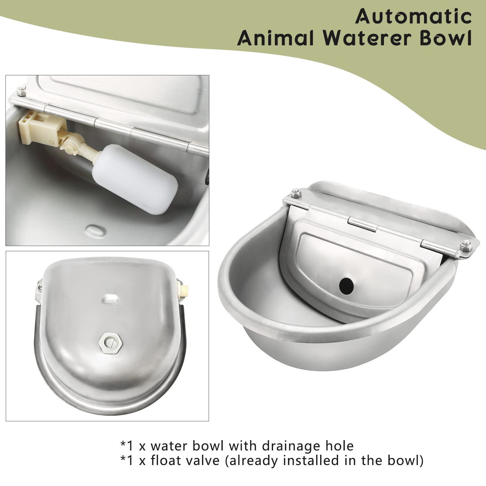 Natgai Automatic 304 Stainless Steel Waterer Bowl, Automatic Cow Drinking Water Bowl With Float Valve Water Trough Farm Grade For Horse Cattle Goat Sheep Dog (With Drainage Hole)
