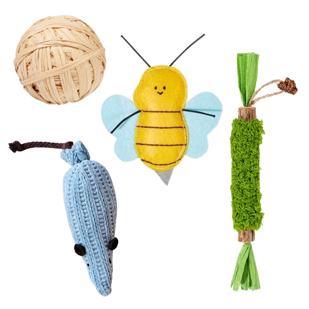 Gishiki Natural Cat Toy Set  4 Pc Bundle With Matatabi Chew Stick, Catnip Felt Bee, Catnip Yarn Mouse & Raffia Rattle Ball | 10