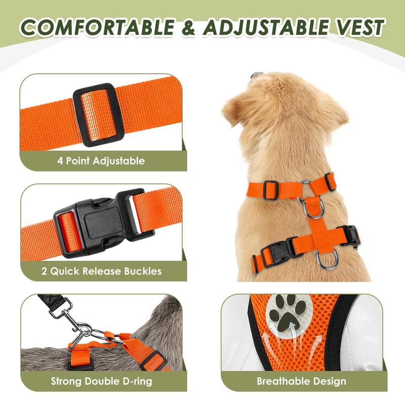 Slowton Dog Seat Belt Harness For Car, Dog Car Harness Adjustable Mesh Breathable & Dog Seatbelt Safety Tether With Elastic Bungee For Small Medium Large Pets(Orange, Double Clip, S)