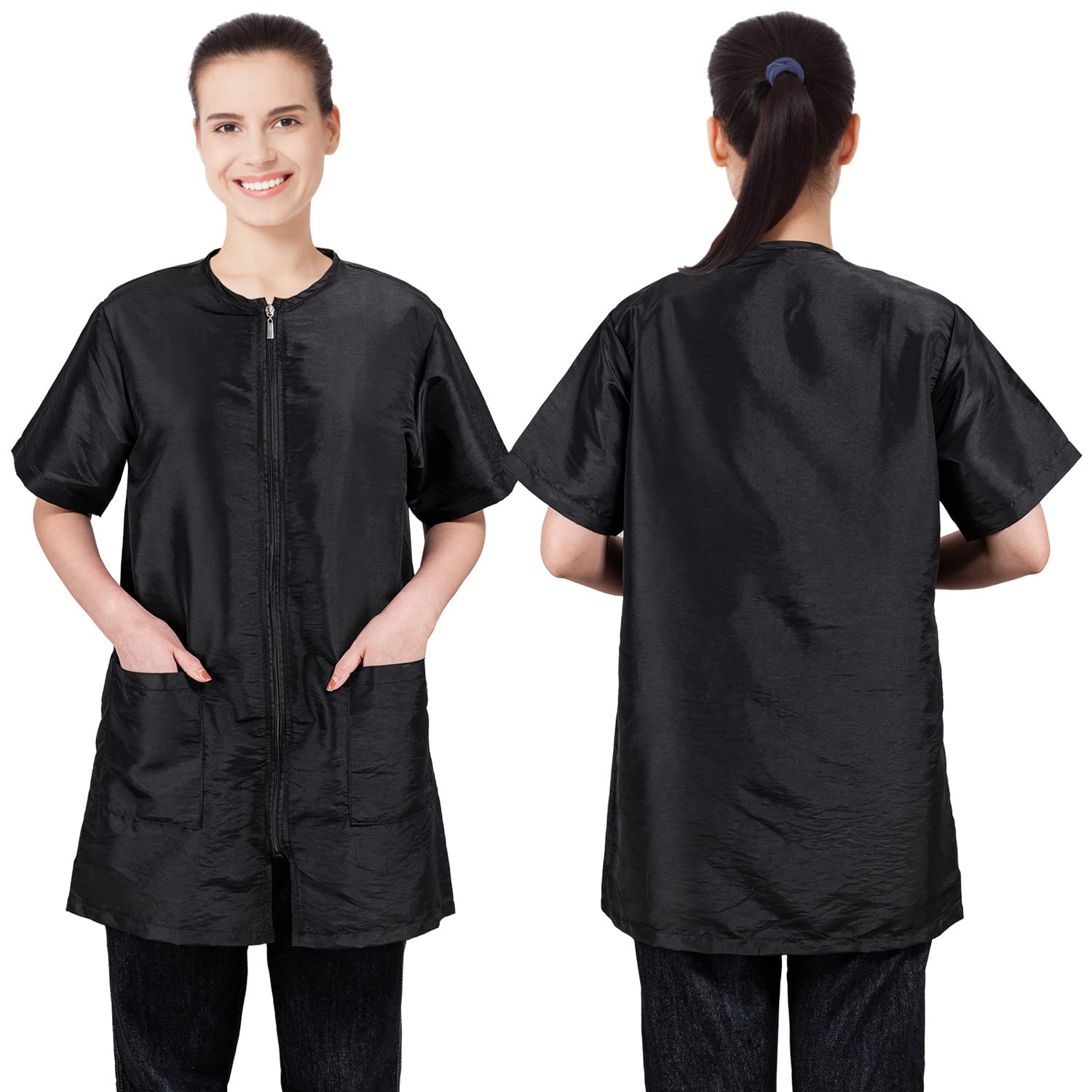 Noverlife Black Pet Grooming Workwear With Long Full Zipper, Xl Size, Professional Short Sleeves Pet Work Uniform Grooming Smock, Lightweight Anti-Static Jacket With Pockets For Beauty Spa Pet Shop