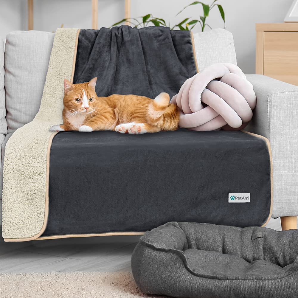 Petami Waterproof Dog Blanket For Small Medium Dogs, Pee Proof Pet Blanket Sherpa Fleece Couch Cover, Reversible Cat Throw Bed Sofa Protector, Soft Plush Washable Pad (Medium 29X40, Gray/Beige)