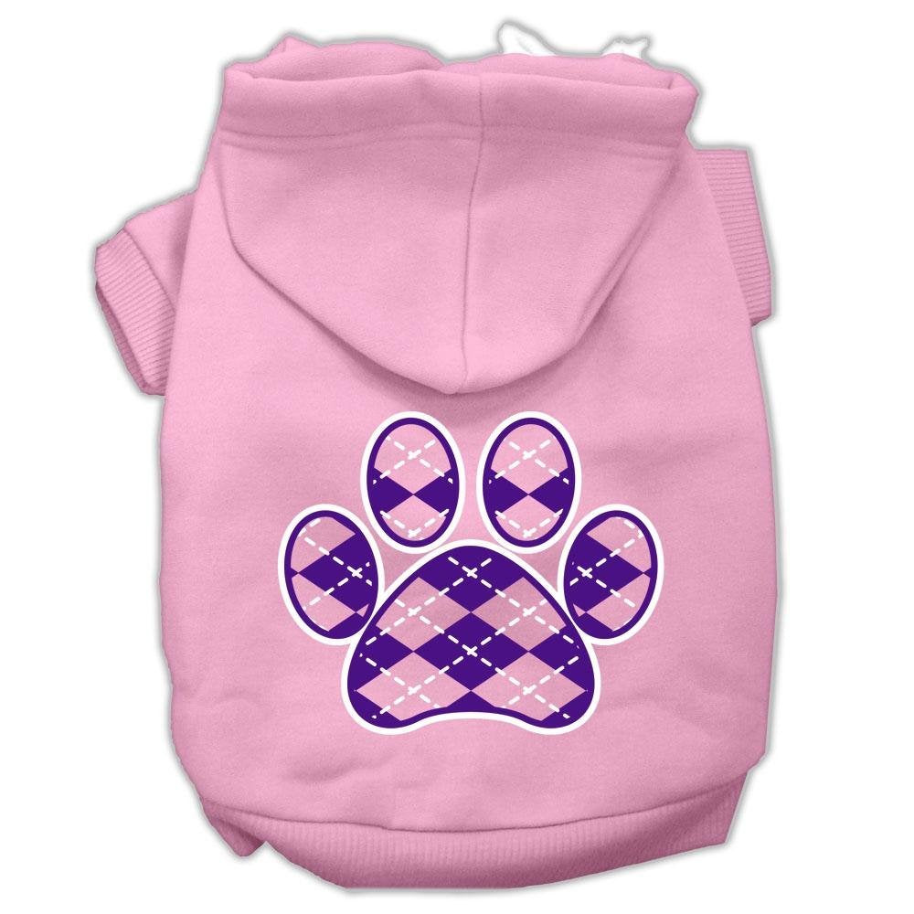 Pet Dog & Cat Hoodie Screen Printed, 'Purple Argyle Paw' Light Pink Lg (10-14 Lbs.)