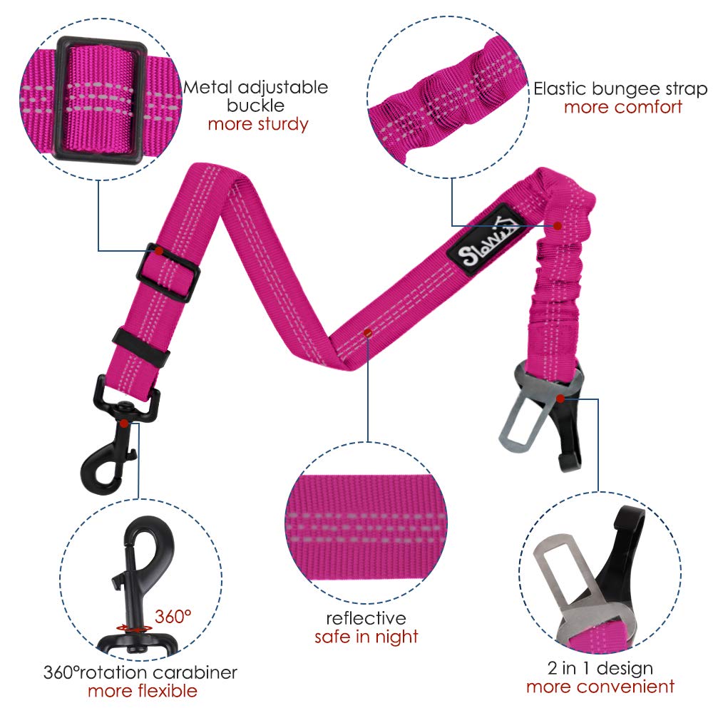 Slowton Dog Seat Belt, Adjustable Dog Safety Belt Leash, 2 In 1 Latch Bar Attachment Dog Car Seatbelt With Elastic Nylon Bungee Buffer, Reflective Nylon Belt Tether Connect To Dog Harness (Fu)
