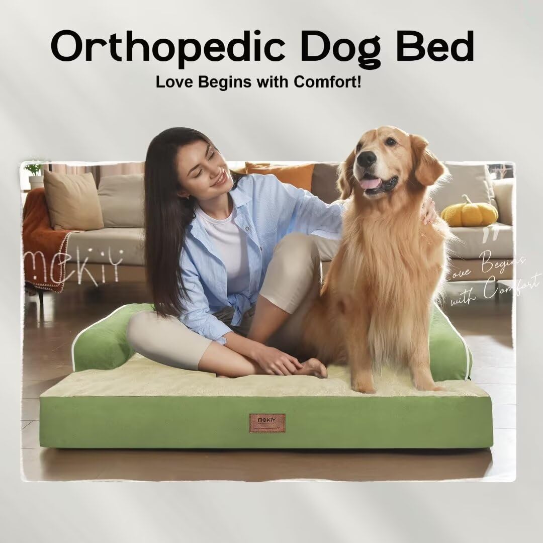 Large Dog Bed Orthopedic Washable - Memory Foam - Xxl Large Big Dogs - Beds Bolster Pet - Couch Sofa - Waterproof With Removable Cover - Grass Green Dog Bed