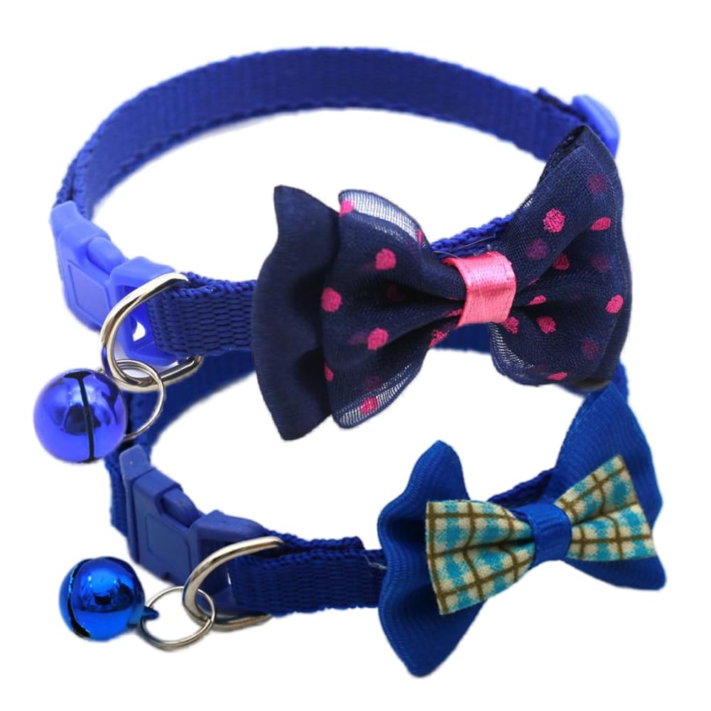 Puppy Collar With Bell, 2-Pack Biue Dog Collar With Bell Cute Bowtie Cat Collar Nylon Adjustable Buckle For Xxs Xsmall Girl Pets