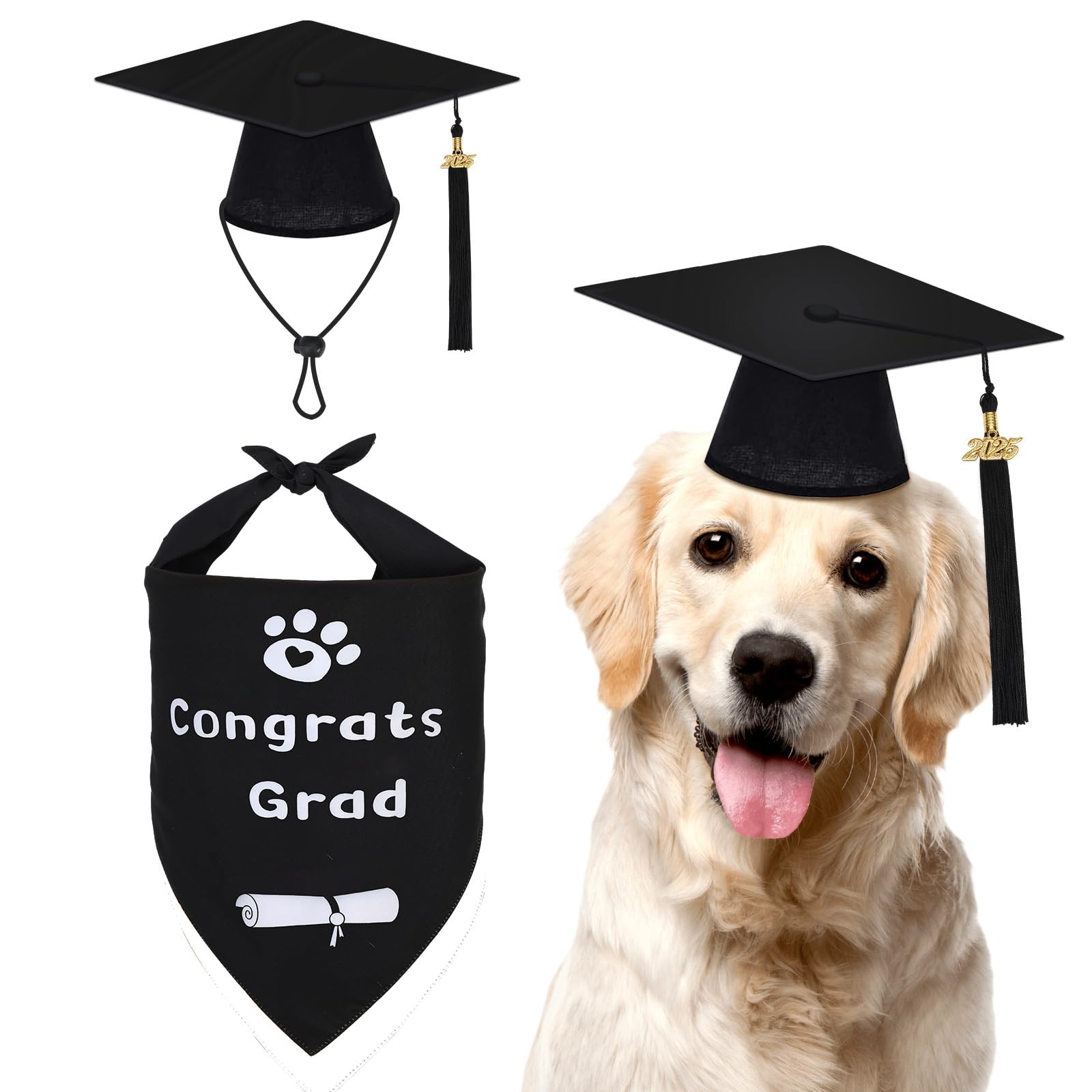 Augsun Dog Graduation Cap And Bandana, Graduation Dog Cap With 2025 Tassels Dog Graduation Outfits Pet Graduation Bandana For Sm