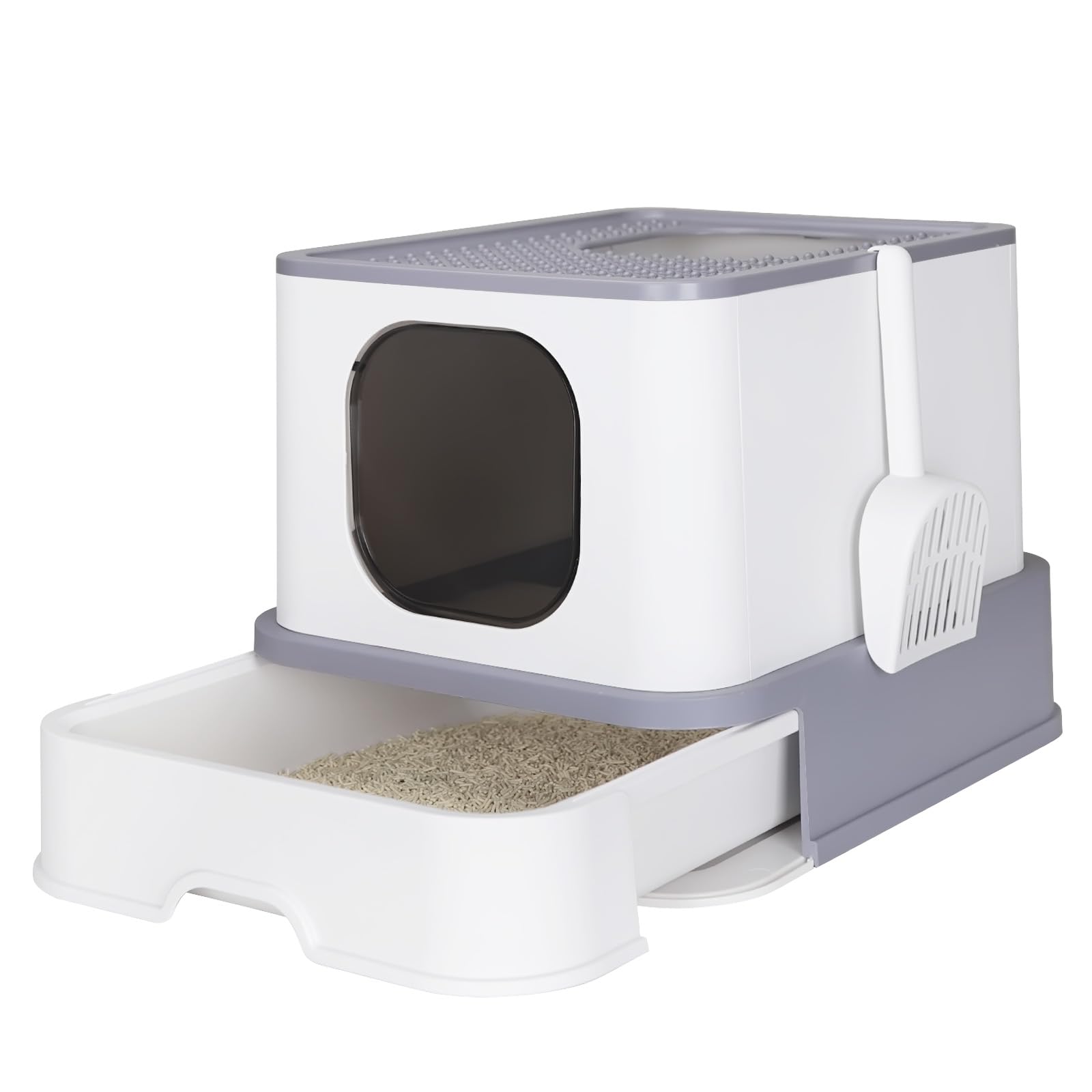 RIZZARI Cat Litter Box, Foldable Cat Box with Drawer, Large Capacity Litter Box with Lid, Top Opening Litter Pan for Small to Bi
