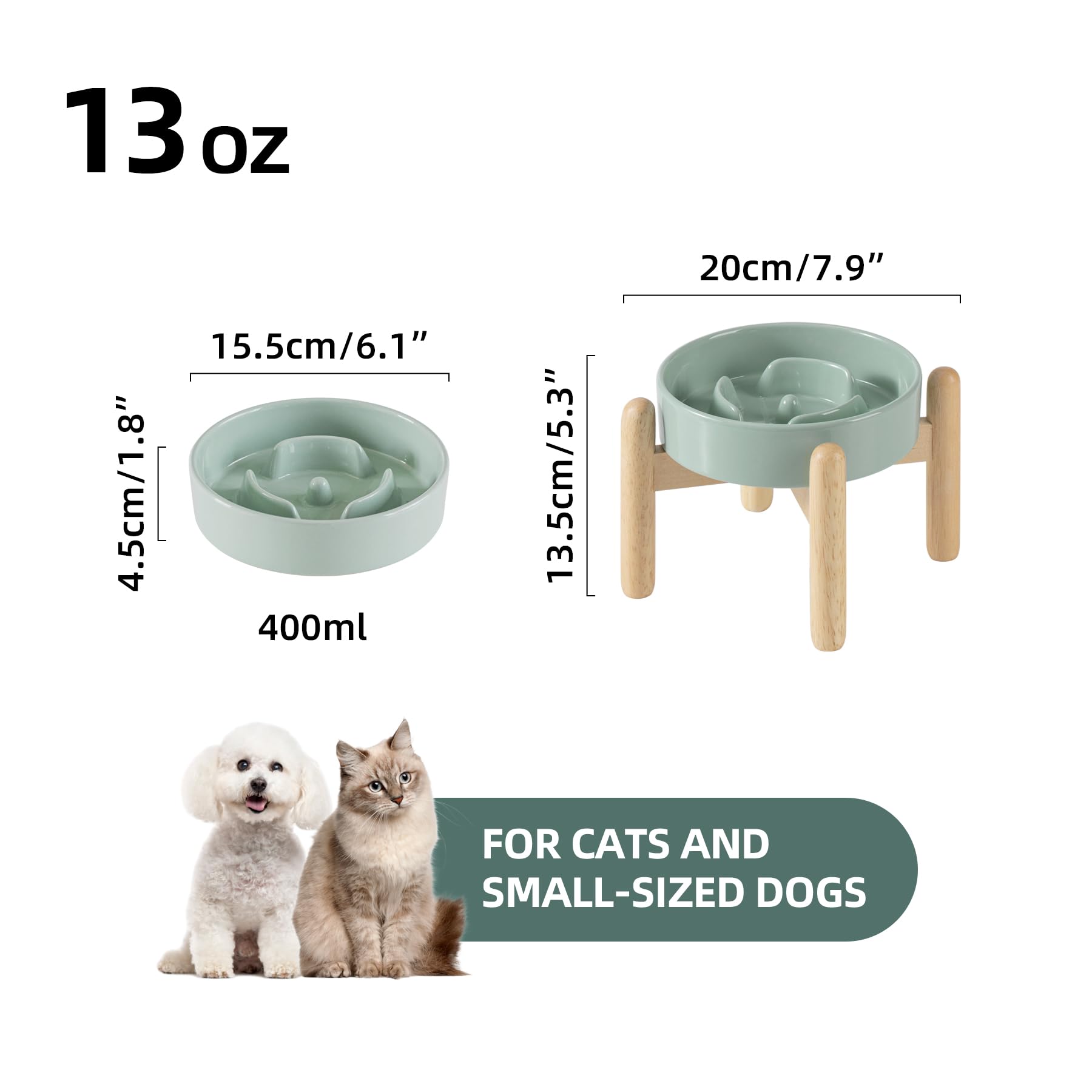 Havniva 6.1Inch Ceramic Raised Slow Feeder Dog Bowl Set, Elevated Wooden Stand For Small Dog And Cat, Puzzle Slow Dish, Preventi