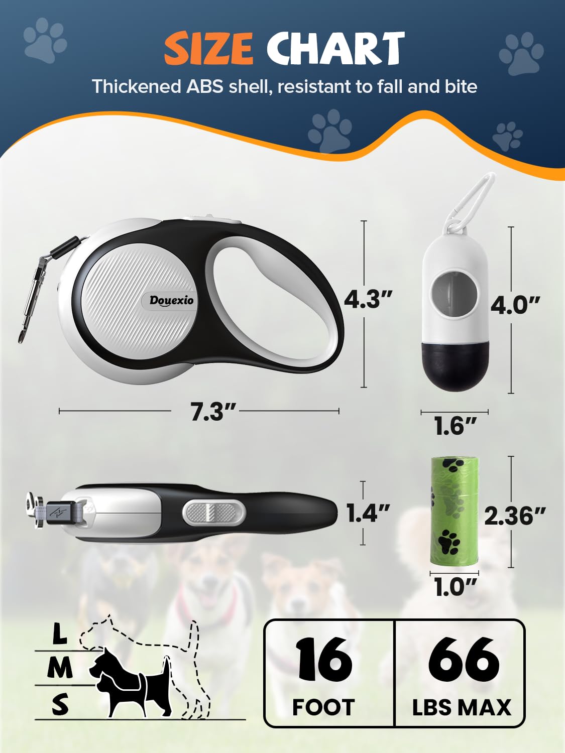 Douexio Retractable Dog Leash with LED Flashlight, 16ft/26ft, Anti-Slip Handle, for Small Medium Dogs, White, Model QY004