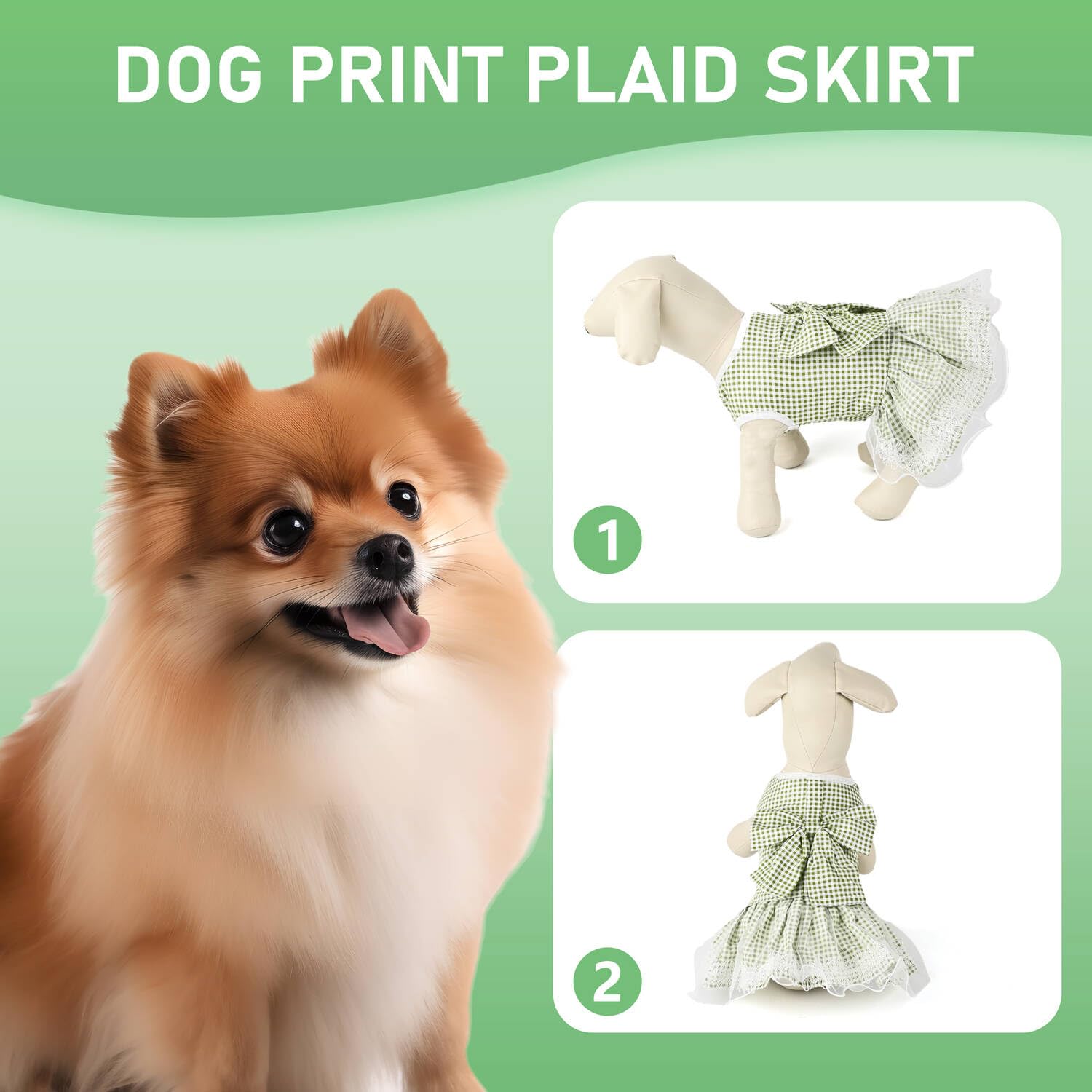 Dog Dress Plaid With Bowknot Cute Dress For Small Dog Cat Puppy Outfits With Harness Leash( Green