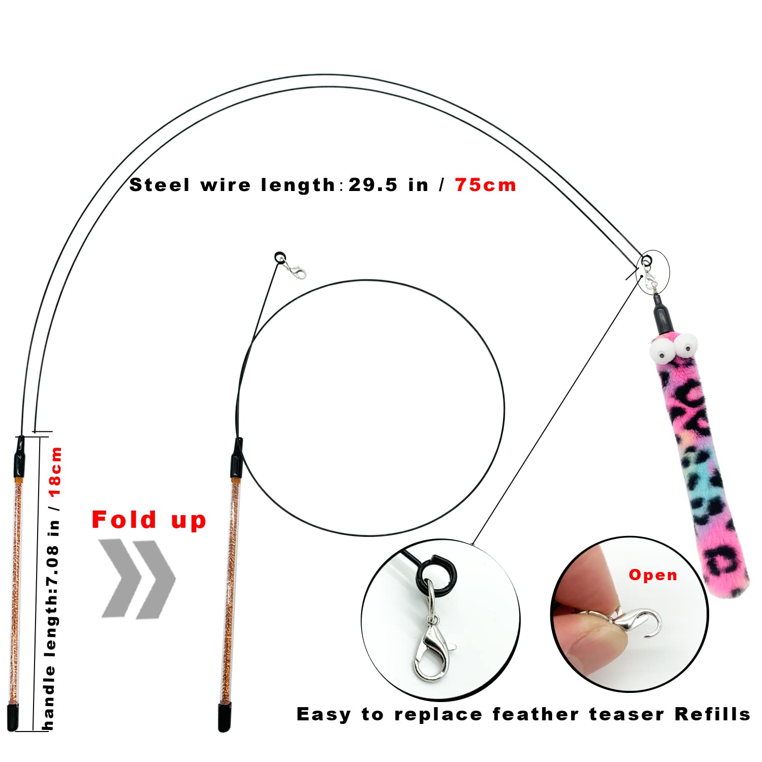 Cateness Cat Wand Feather Toys, 1 Pcs Elasticity Cat Toy Wand And 8 Pcs Worms Refills, Interactive Teaser Wand Toy For Indoor Ca