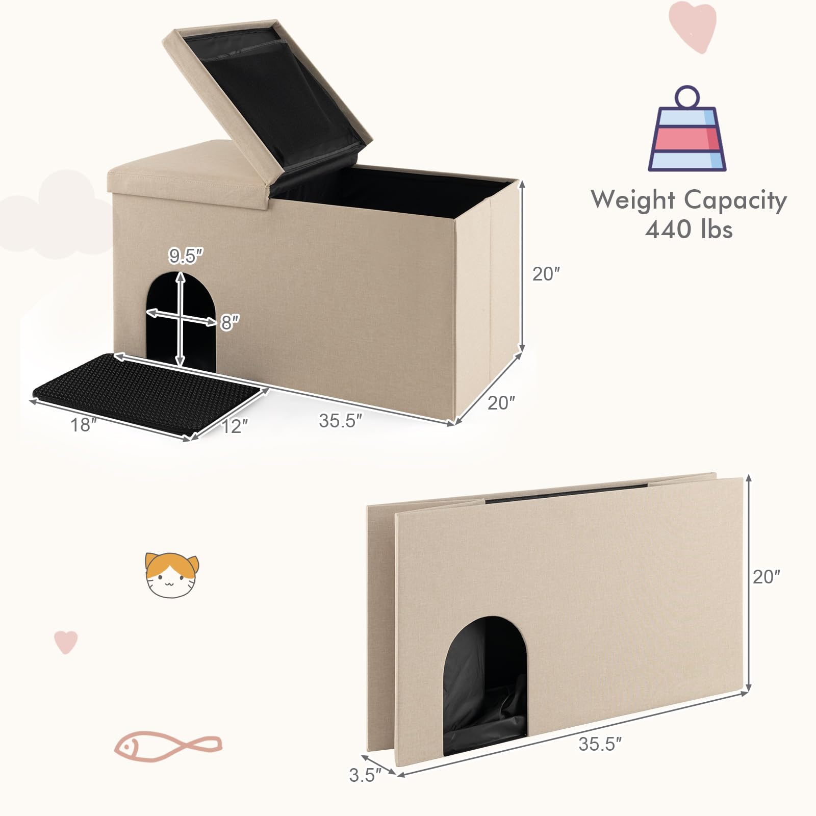 Tangkula Cat Litter Box Enclosure, Hidden Litter Box Furniture Ottoman With Urine Proof Litter Mat, Flip-Up Lid, Dog Proof Cat W