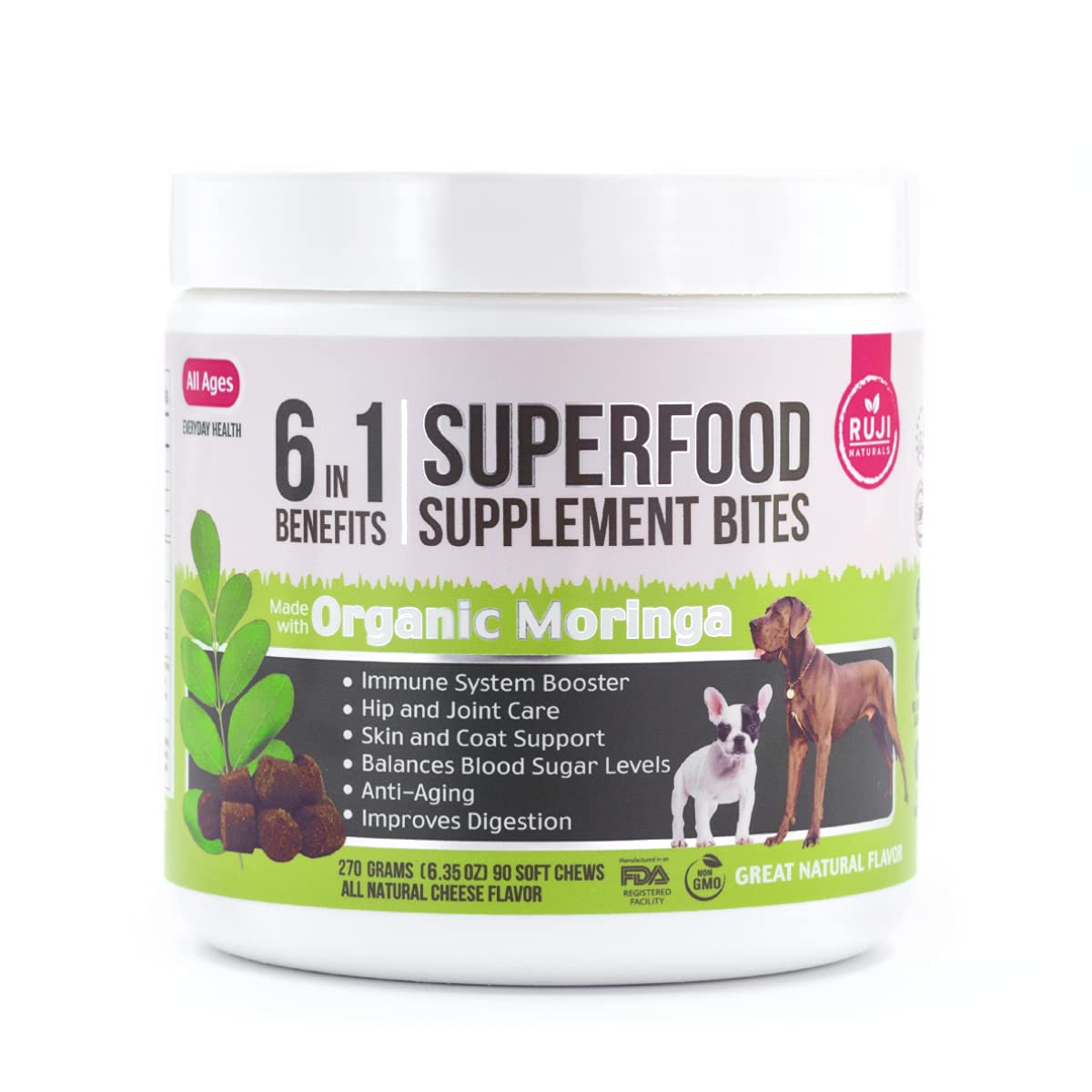 Ruji Naturals 6 in 1 Superfood Dog Supplement with Organic Moringa | Treats for Immune System and Overall Health | Pets All Natu
