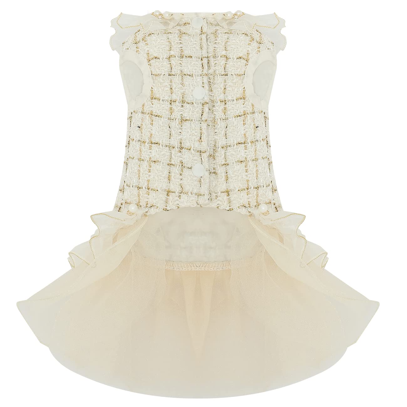 Dog Plaid Dress Lace Tulle Tutu Princess Skirt With Pearls Accessory For Small Girl Dogs Christmas Holiday Wedding Birthday Party (White, S)