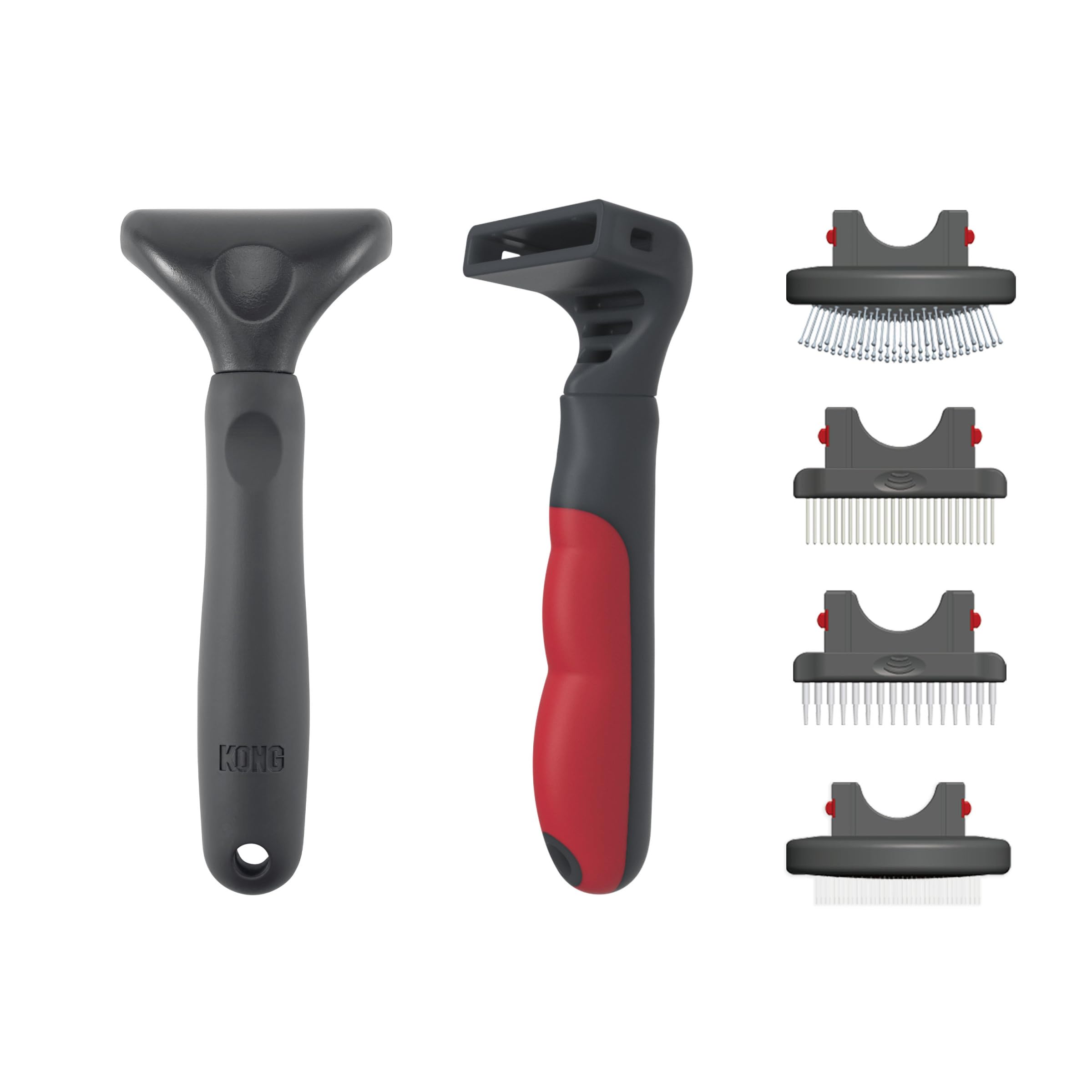 KONG 4-in-1 Interchangeable Dog Grooming Tool - Rake, Slicker, Comb & Pin Brush Heads, Versatile All-in-One Design, Non-Slip Han