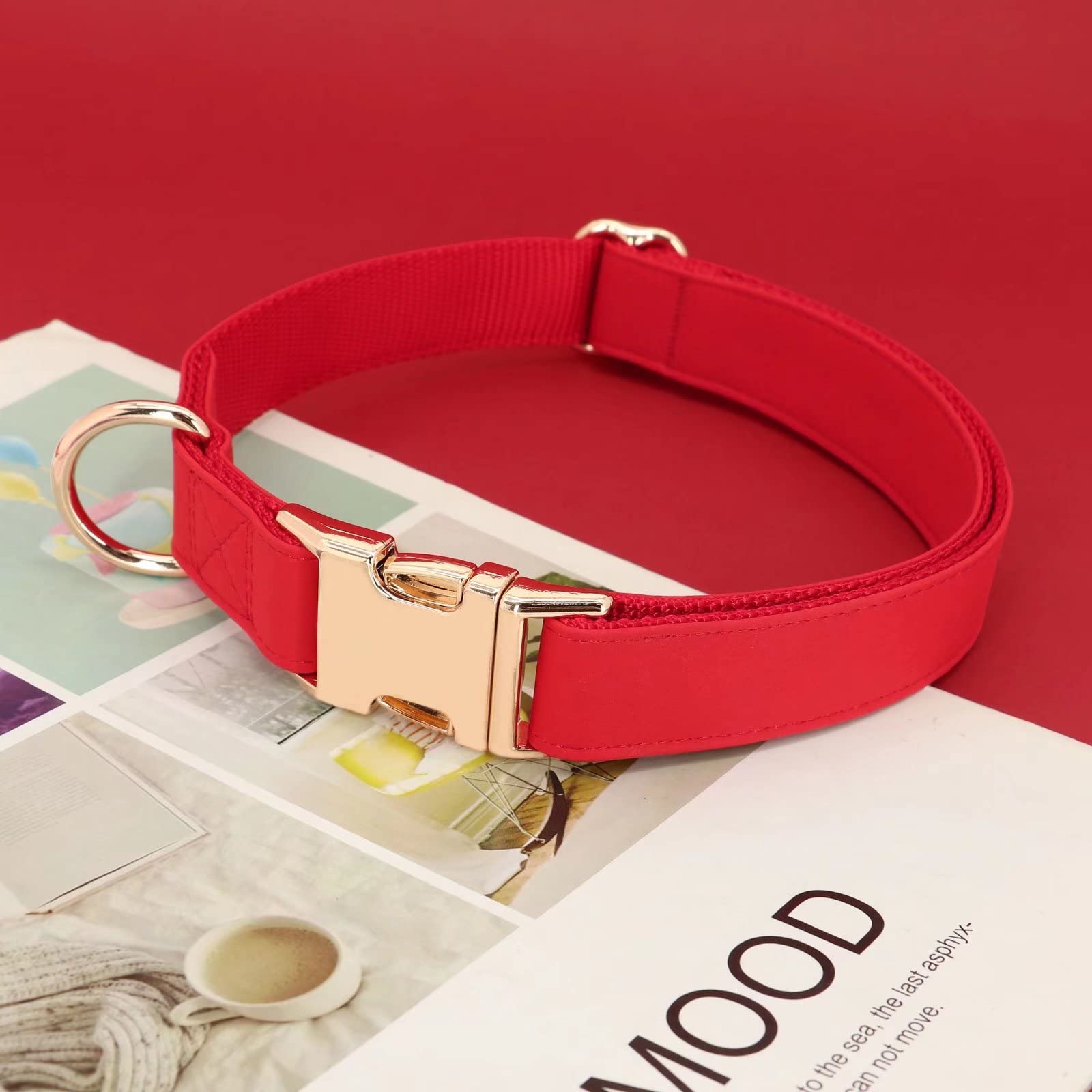 Pet Artist Charming Nylon Dog Collar With Leather Soft Comfy Elegant Nylon Collars For Dogs Small Medium Large 4 Bright Solid Color For Choosing Blue Red Brown Grey (Red,Neck Fit 16-27'')